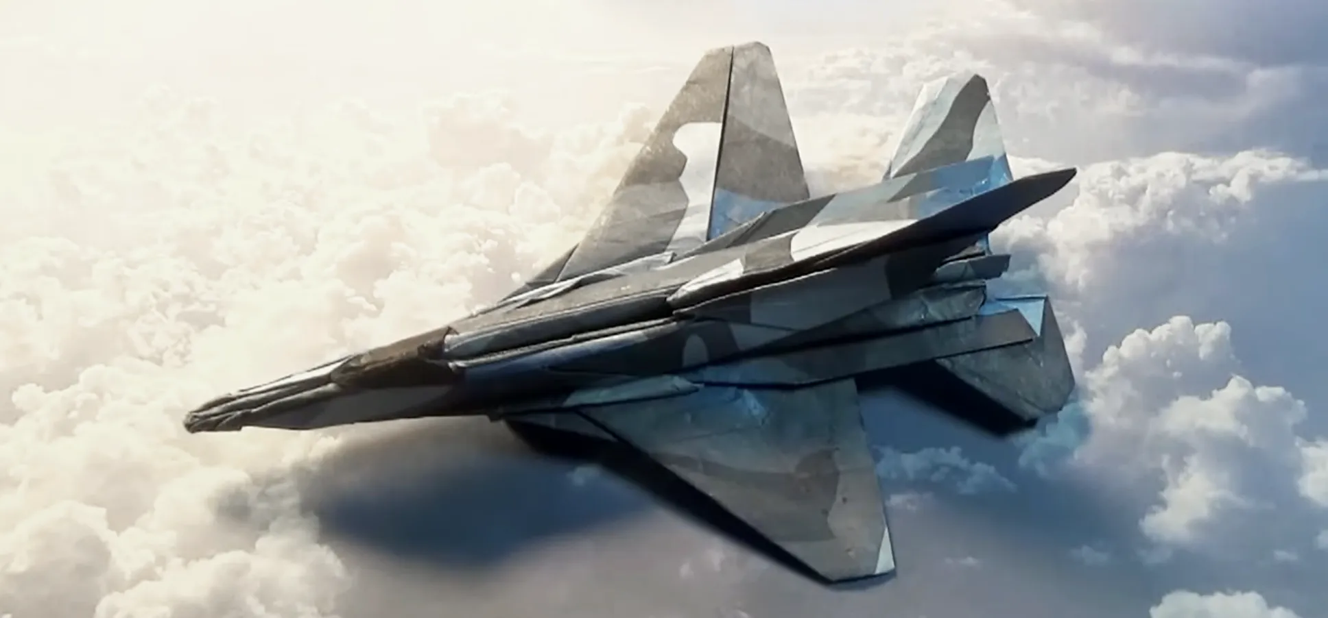Origami F-16 paper airplane with blue-gray camouflage soars above fluffy white clouds in bright sky.