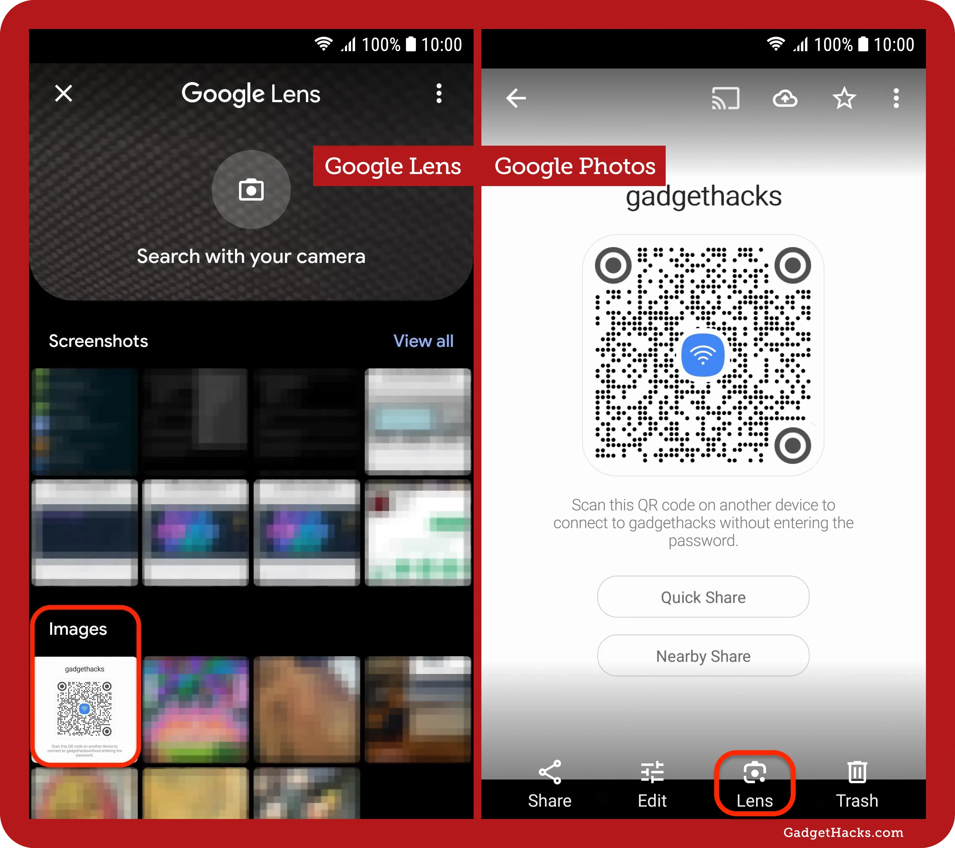 Two screenshots show how to use Google Lens in Google Photos to scan a QR code for Wi-Fi without entering the password manually.