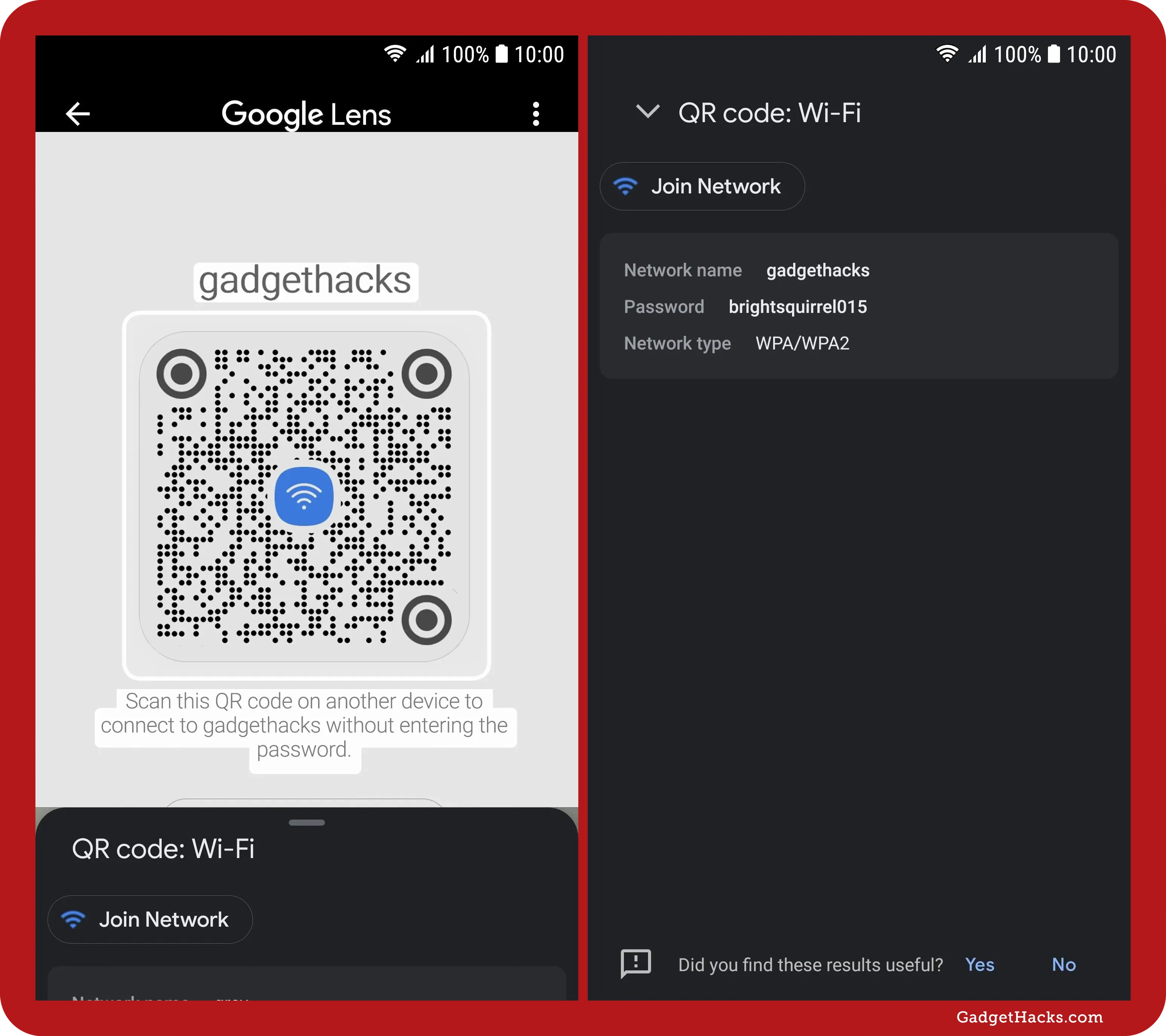 Two Google Lens screenshots reveal Wi-Fi details from a scanned QR code, showing the network name, password, and encryption type with a join button.