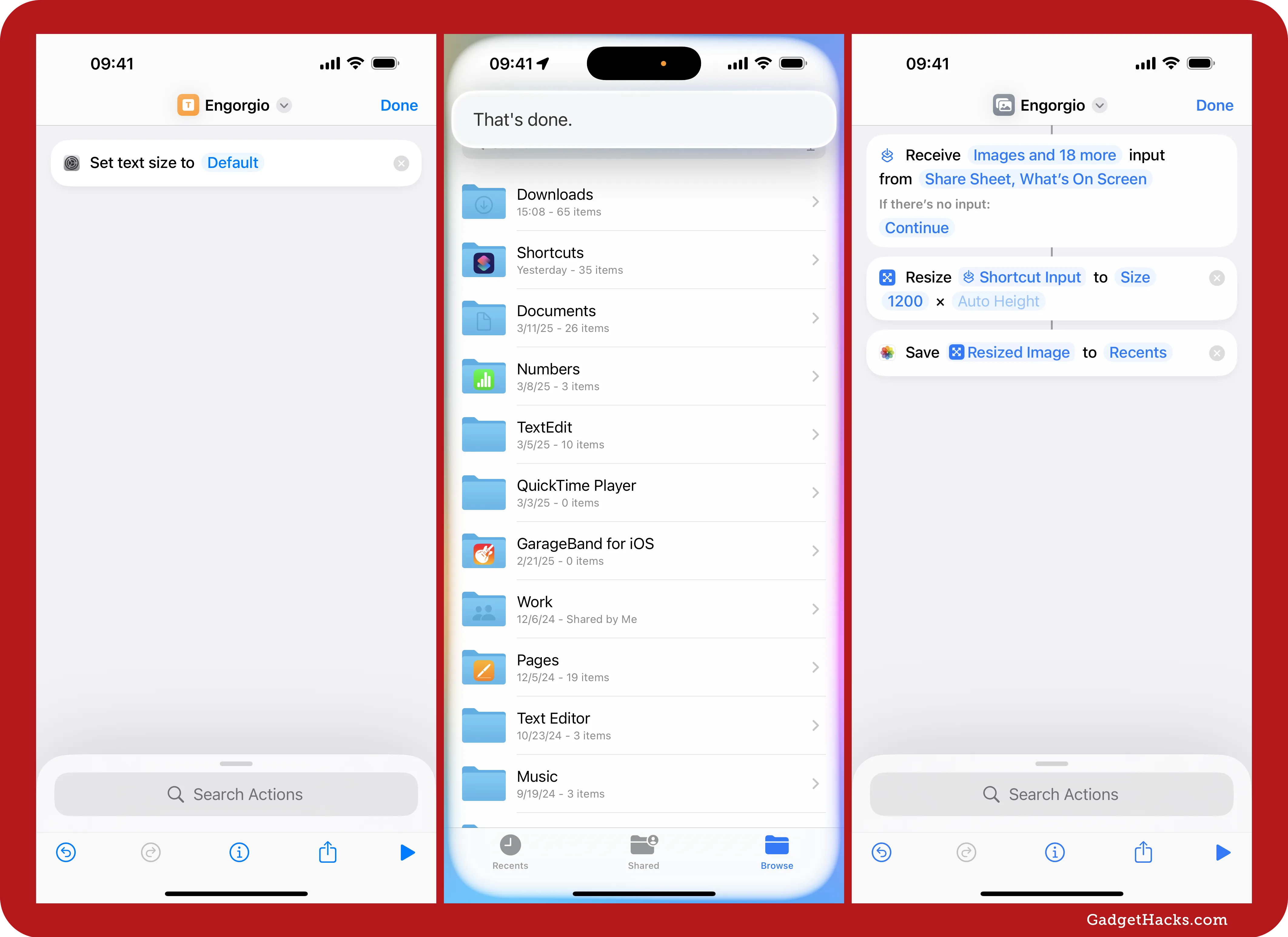 Three iPhone screenshots of the ‘Engorgio’ shortcut in the Shortcuts app. It increases text size, enlarges images to 1200 pixels, and saves them to the Recents folder.