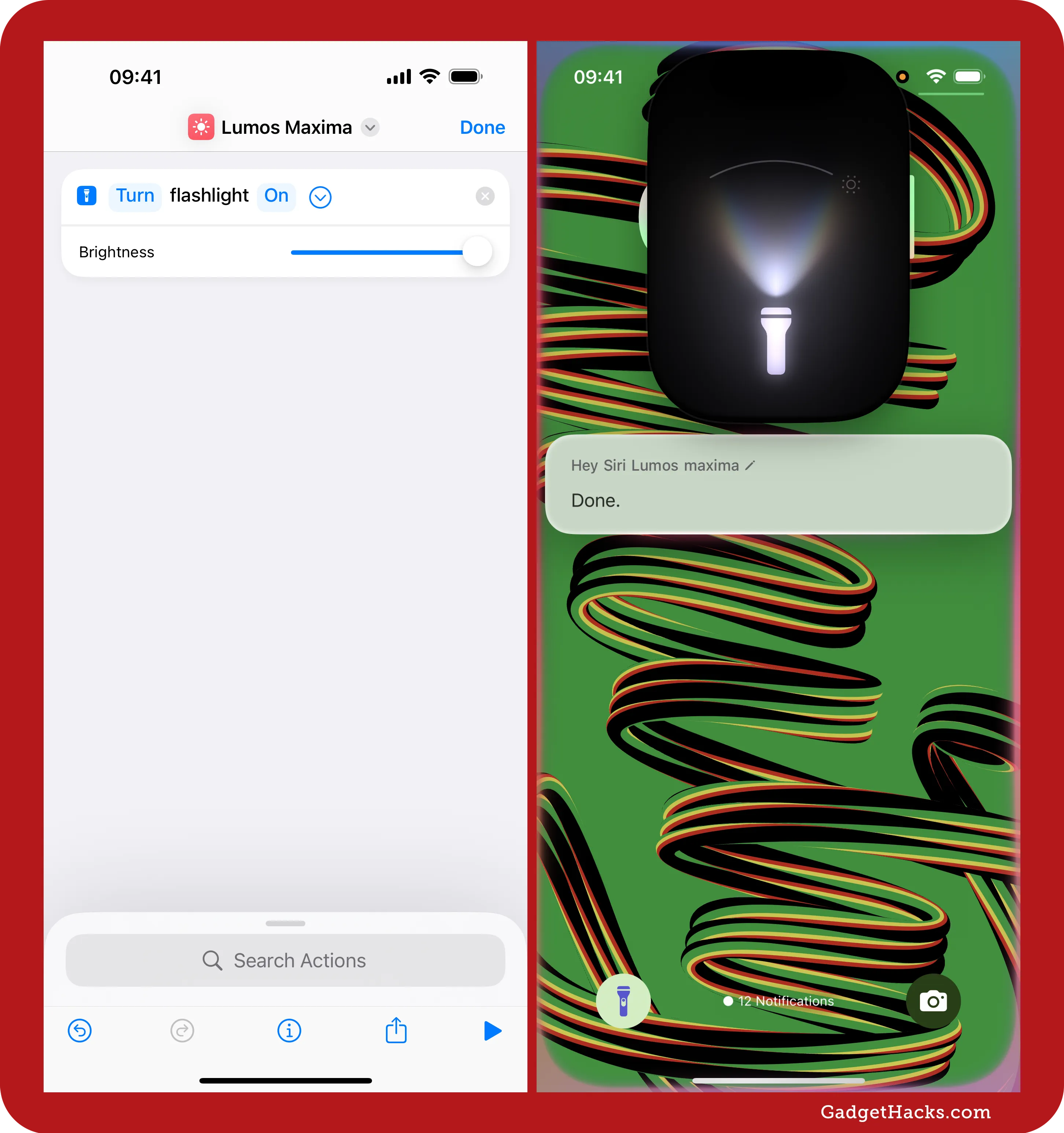 Siri shortcut “Lumos Maxima” turns on the iPhone flashlight. Lock screen shows confirmation with a glowing flashlight icon and “Done” message.