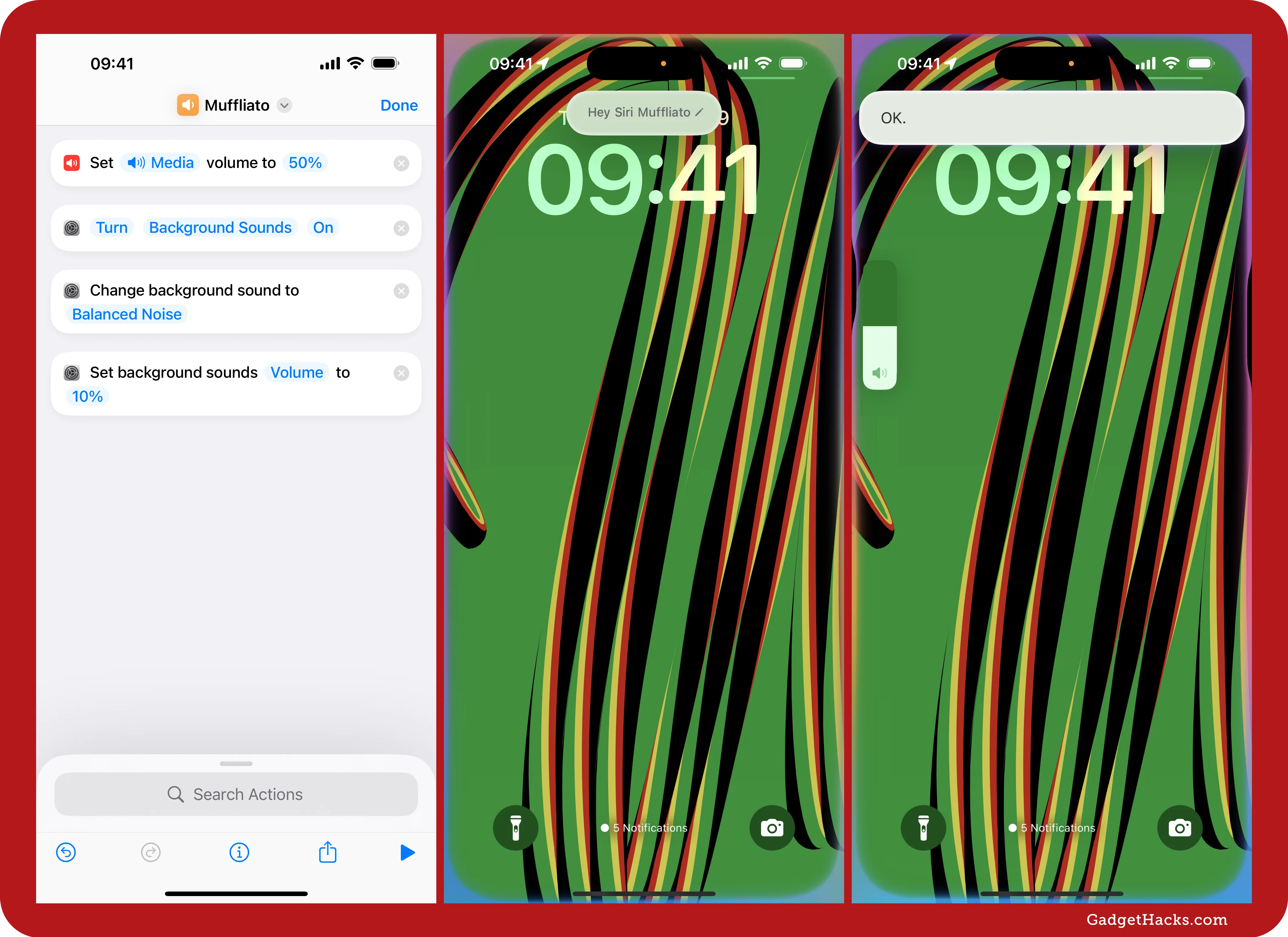 Siri shortcut “Muffliato” adjusts iPhone audio, setting media volume to 50% and background noise to 10%. Lock screen confirms with “OK.”