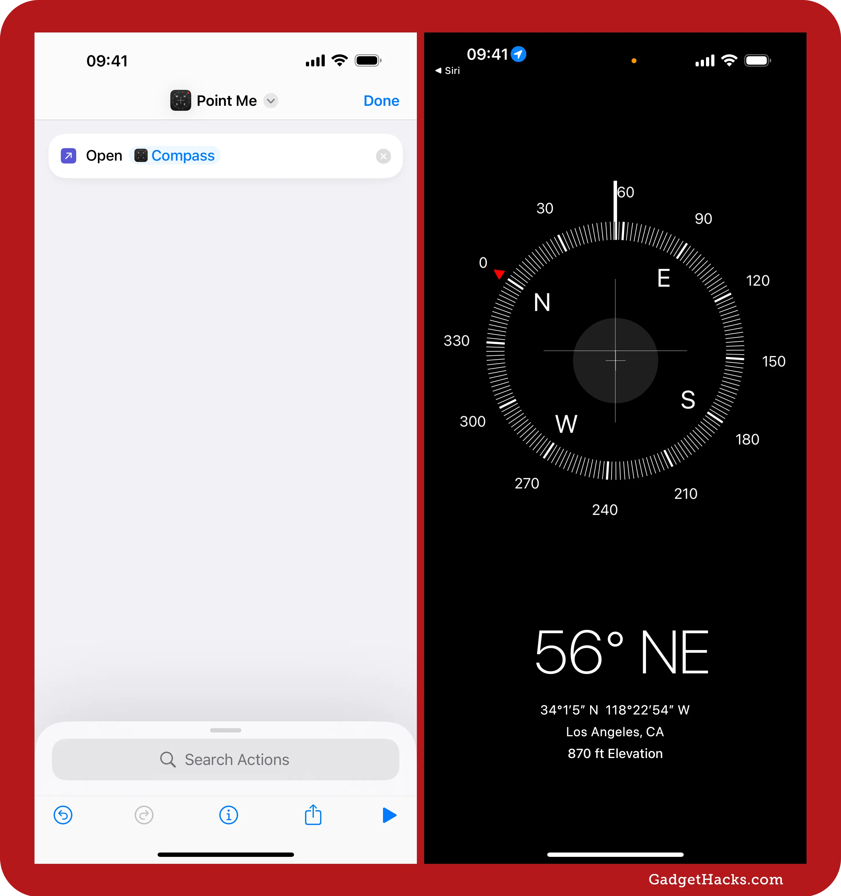 Siri shortcut “Point Me” opens the Compass app. The screen displays a compass with direction, coordinates, and elevation details.