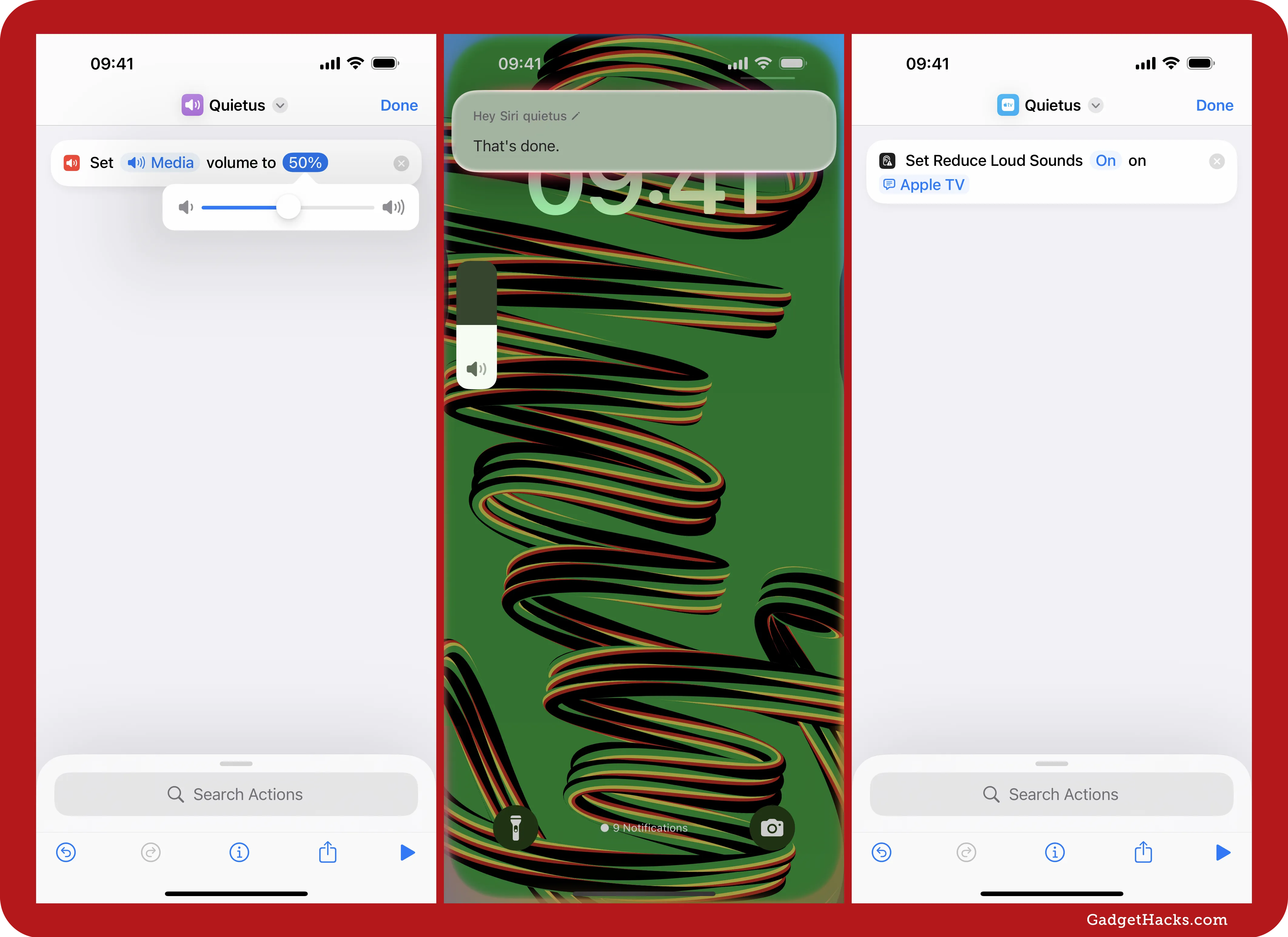 Siri shortcut “Quietus” lowers media volume to 50%. Another version enables “Reduce Loud Sounds” on Apple TV. Lock screen confirms with “That’s done.”