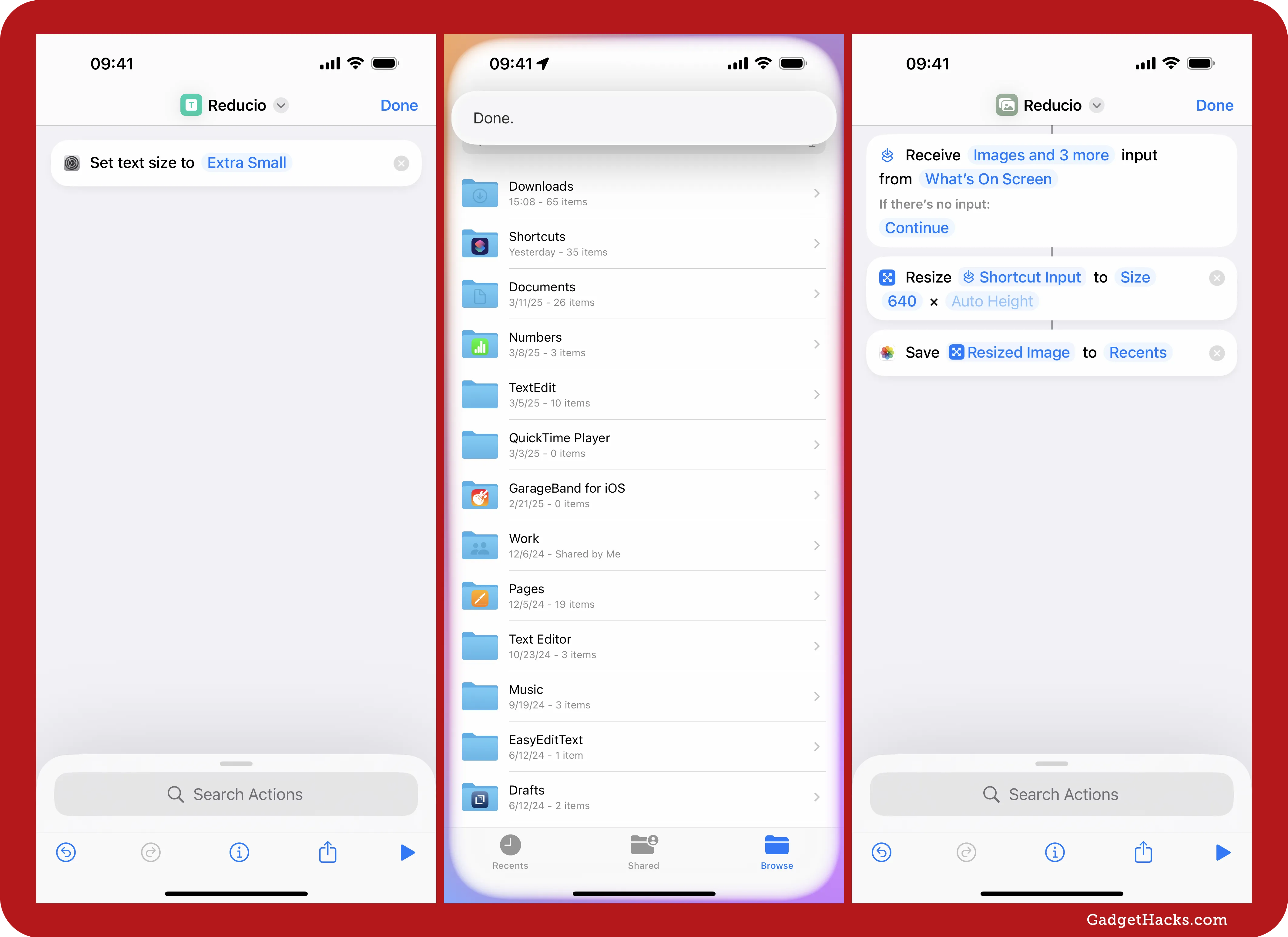 Three iPhone screenshots of the ‘Reducio’ shortcut in the Shortcuts app. It adjusts text size, resizes images from the screen, and saves them to the Recents folder.