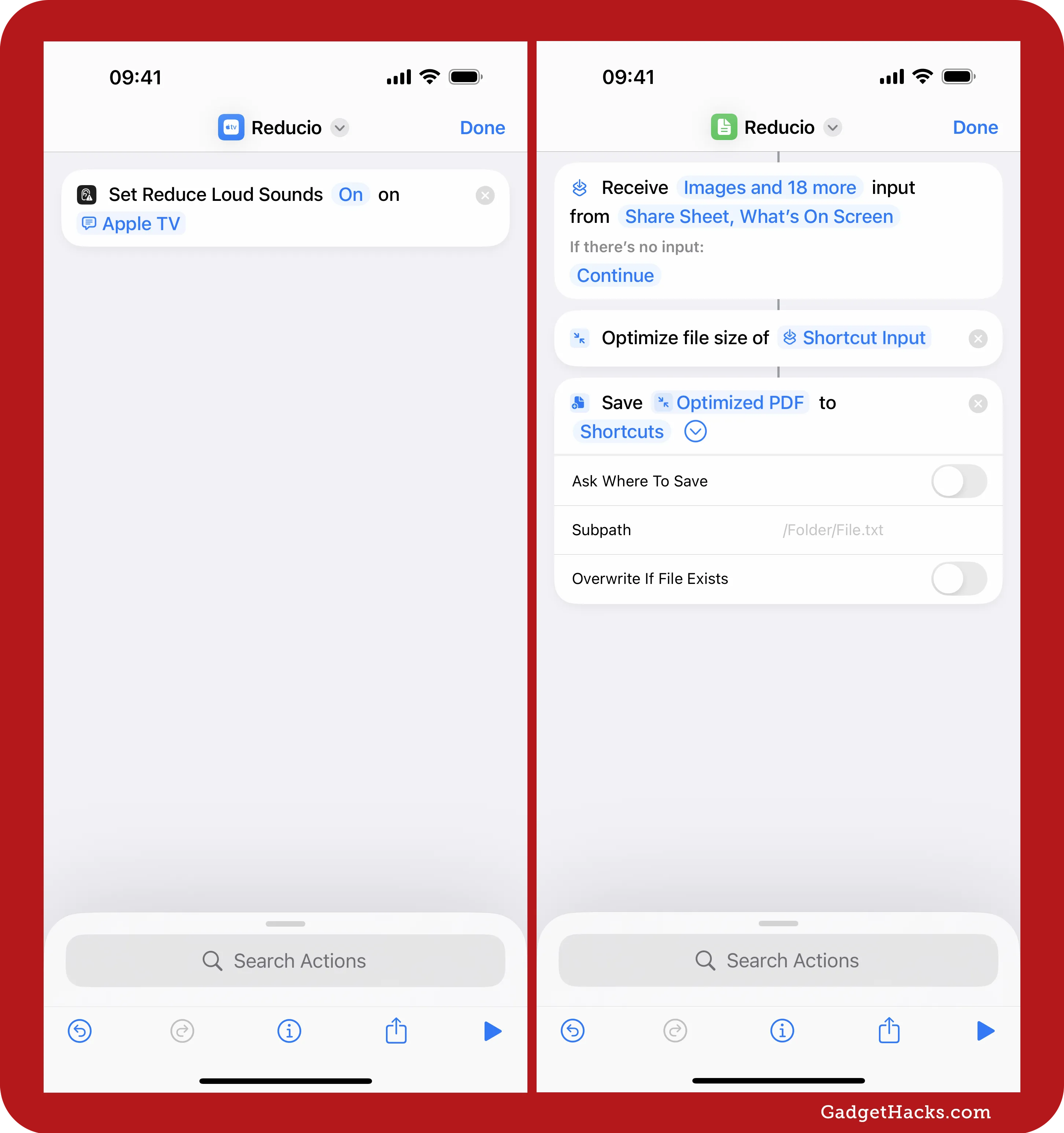 Two iPhone screenshots of the ‘Reducio’ shortcut in the Shortcuts app. It reduces loud sounds on Apple TV, optimizes file sizes, and saves PDFs to the Shortcuts folder.