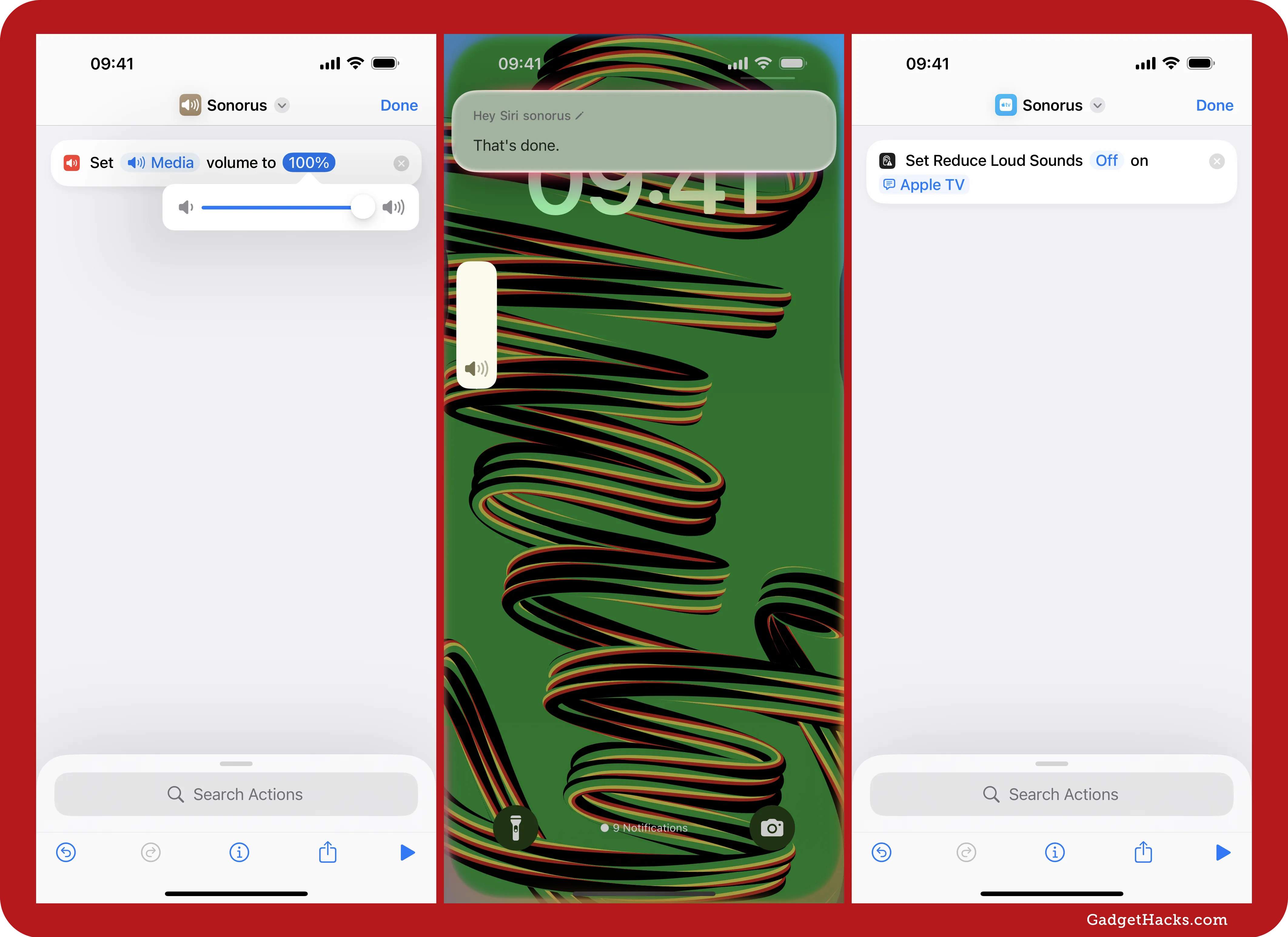 Siri shortcut “Sonorus” sets iPhone media volume to 100%. Another version adjusts “Reduce Loud Sounds” on Apple TV. Lock screen confirms with “That’s done.”