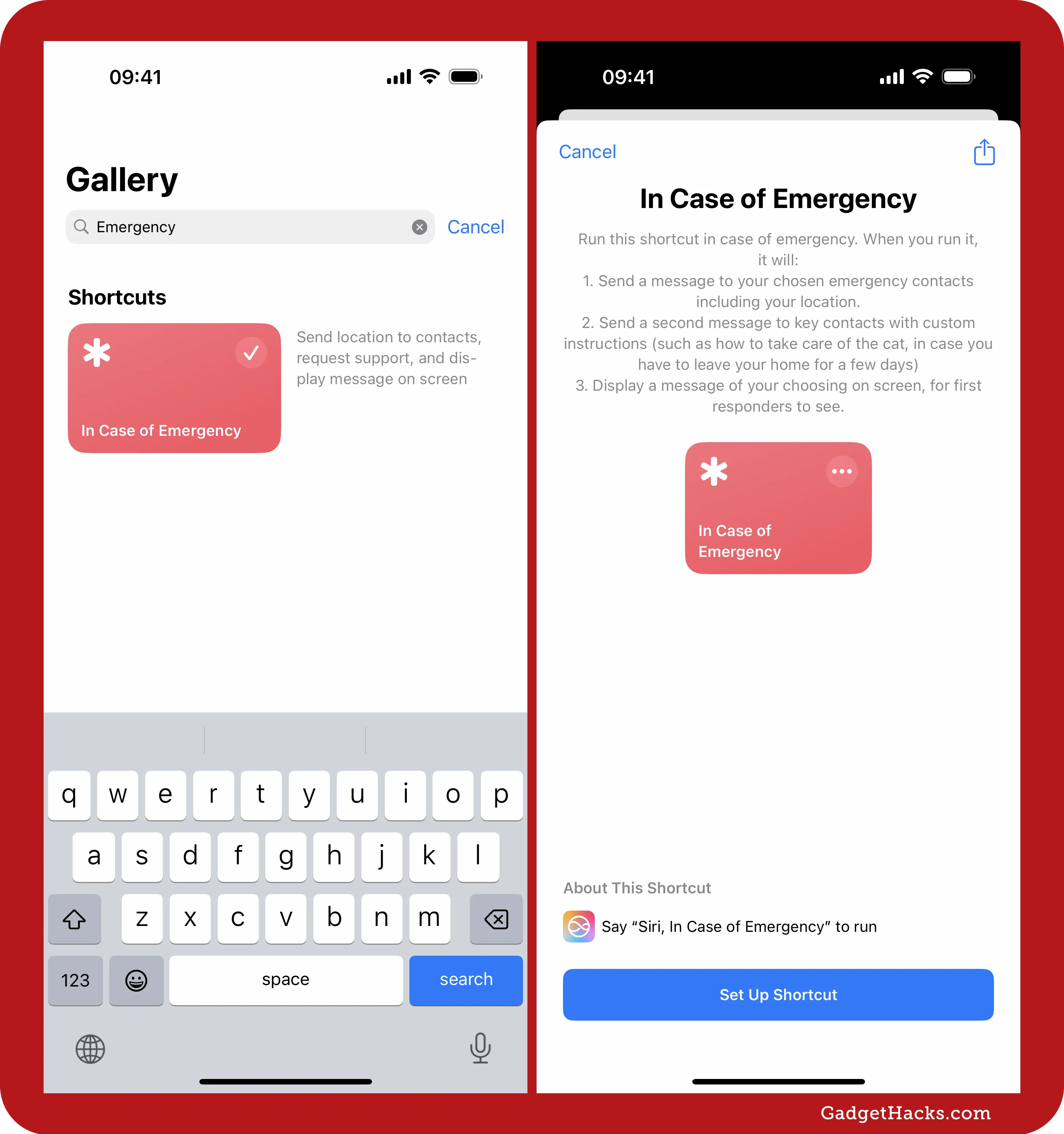 Two iPhone screenshots of the ‘In Case of Emergency’ shortcut, which sends location and emergency messages to contacts and displays a message for responders.