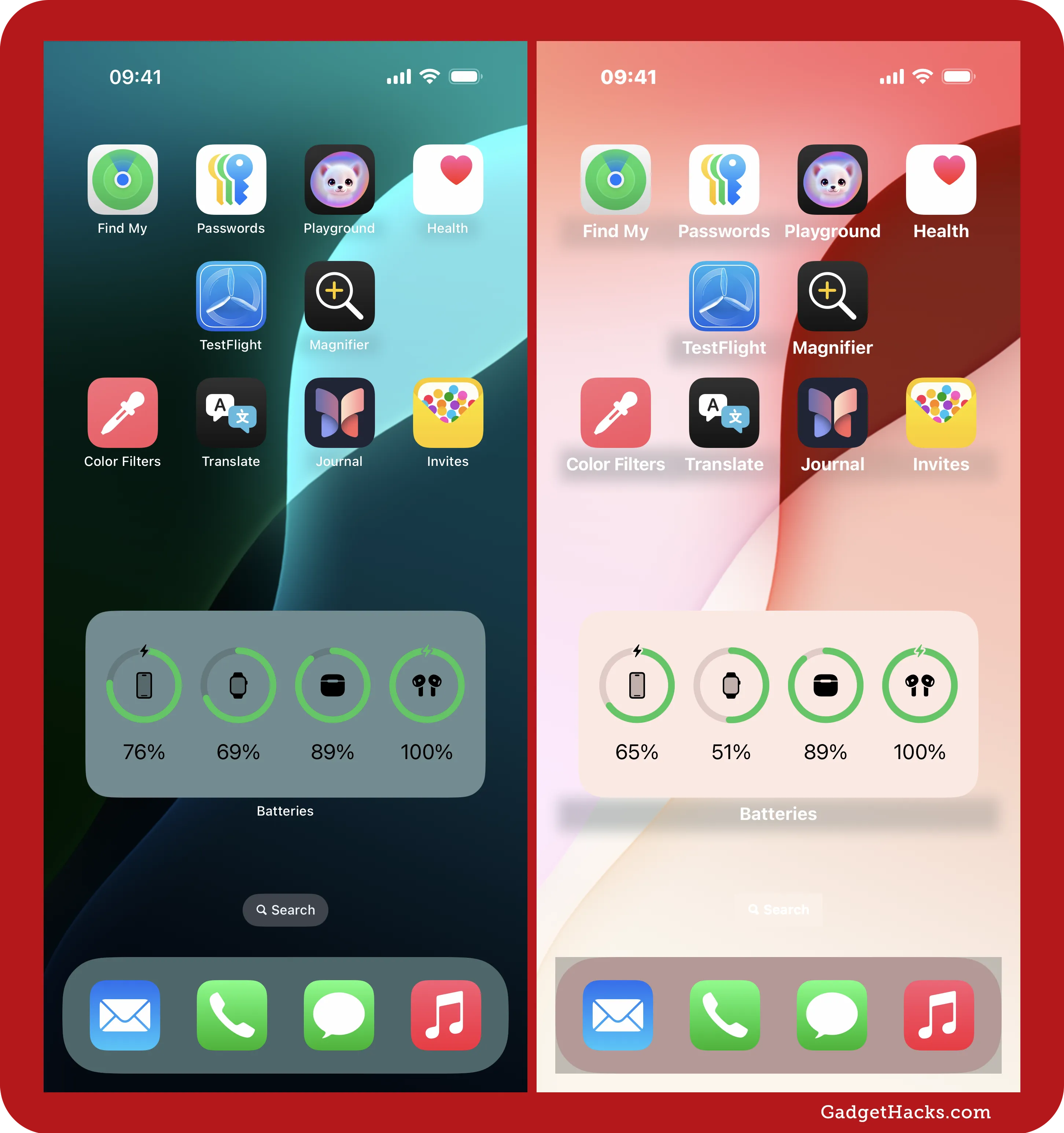 Side-by-side iPhone Home Screens — default translucent UI on left, Reduce Transparency enabled on right, showing opaque dock, widget, and search card backgrounds.