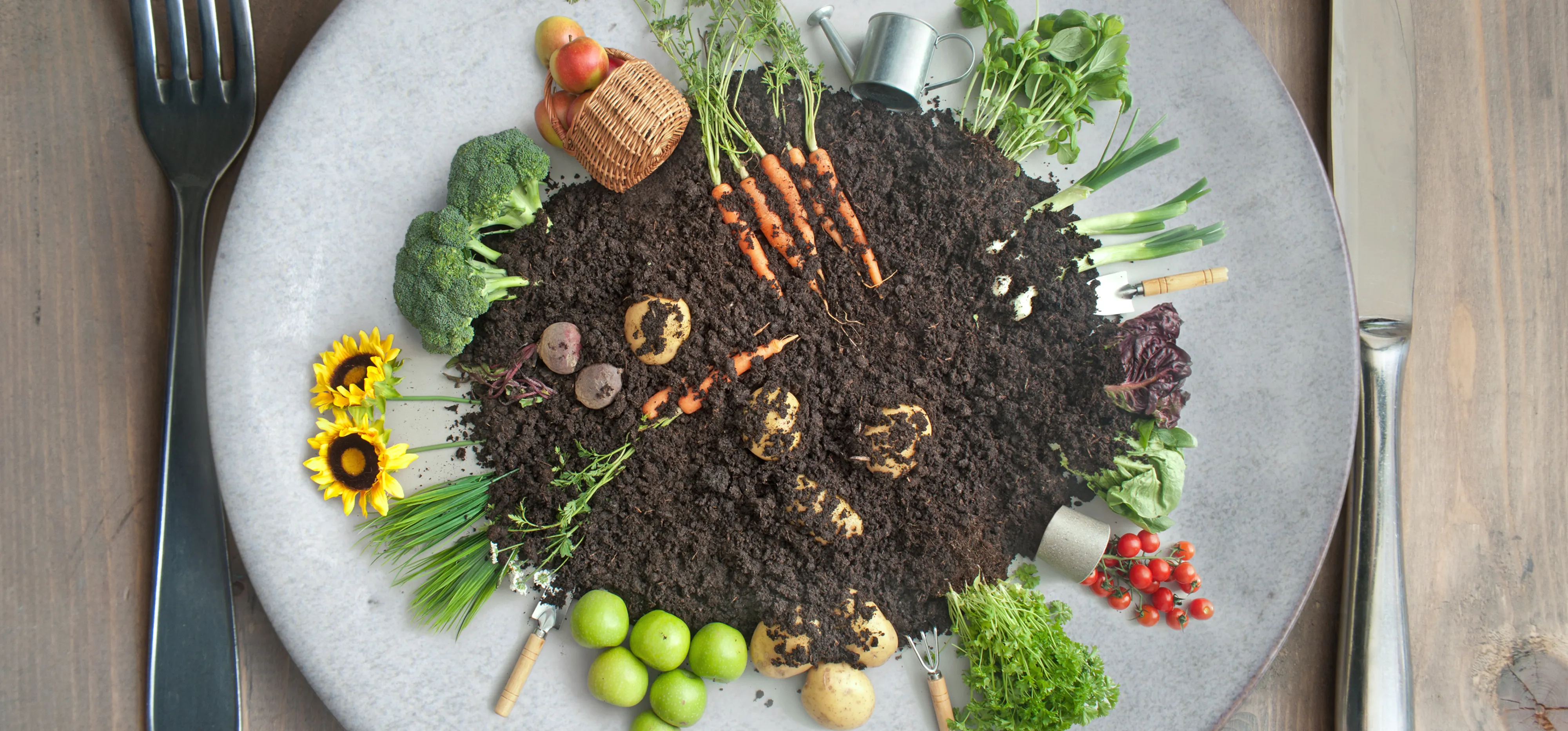 Rustic plate displays whimsical farm-to-table garden — soil mound with carrots, potatoes, broccoli, herbs, sunflowers, apples, mini watering can, gardening tools.