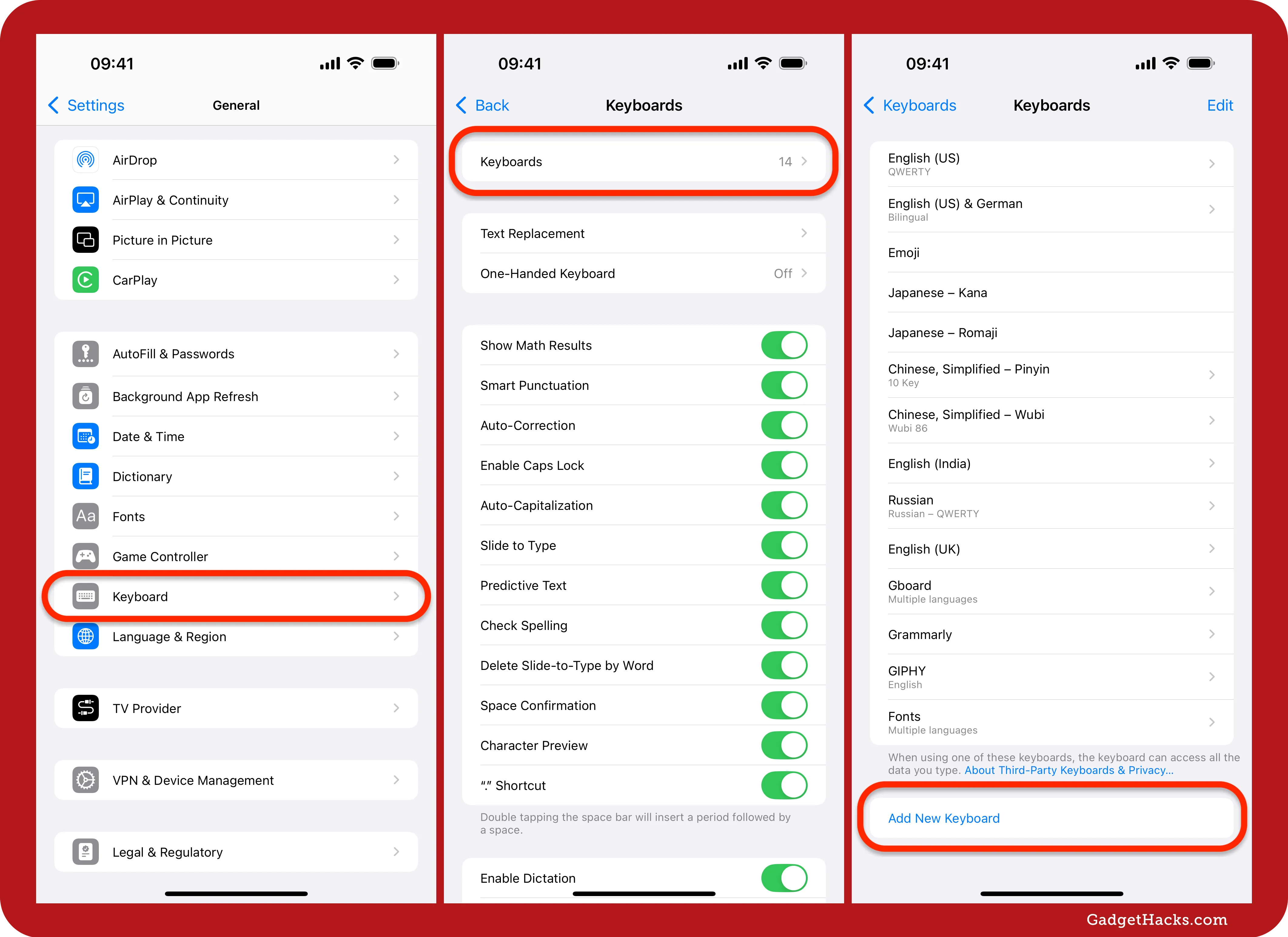 Three iPhone screenshots show navigating Settings » General » Keyboard to list of installed keyboards, highlighting Add New Keyboard button.