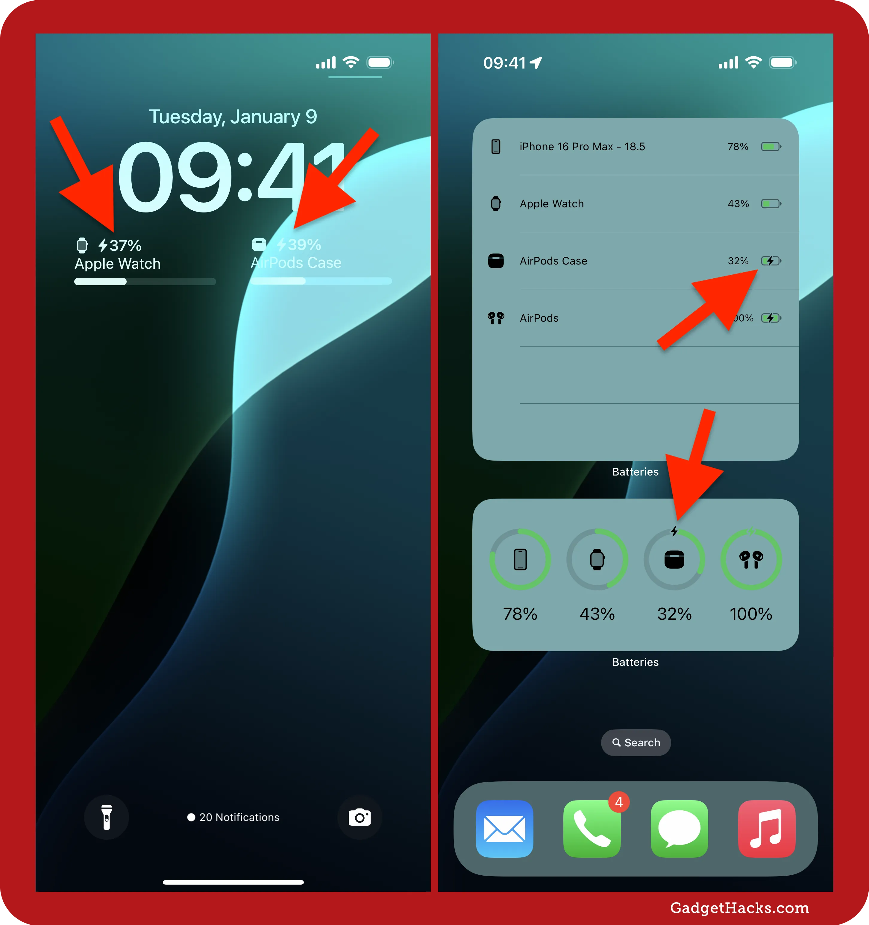 iPhone lock screen showing charging status for Apple Watch and AirPods case, plus Batteries widget on Home Screen displaying device percentages.