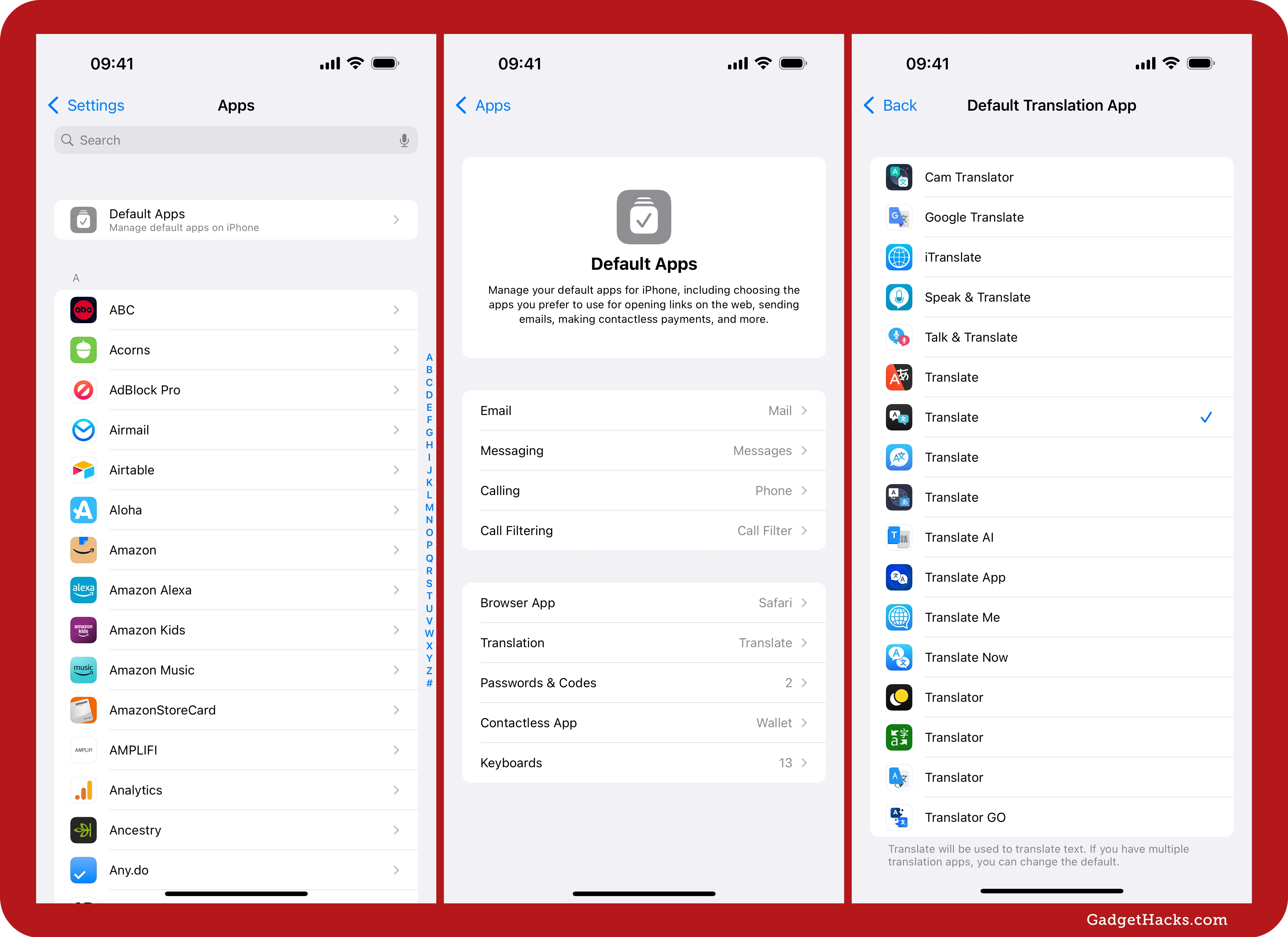 Three iPhone settings screens showing default app options, including translation app selection with multiple choices available.