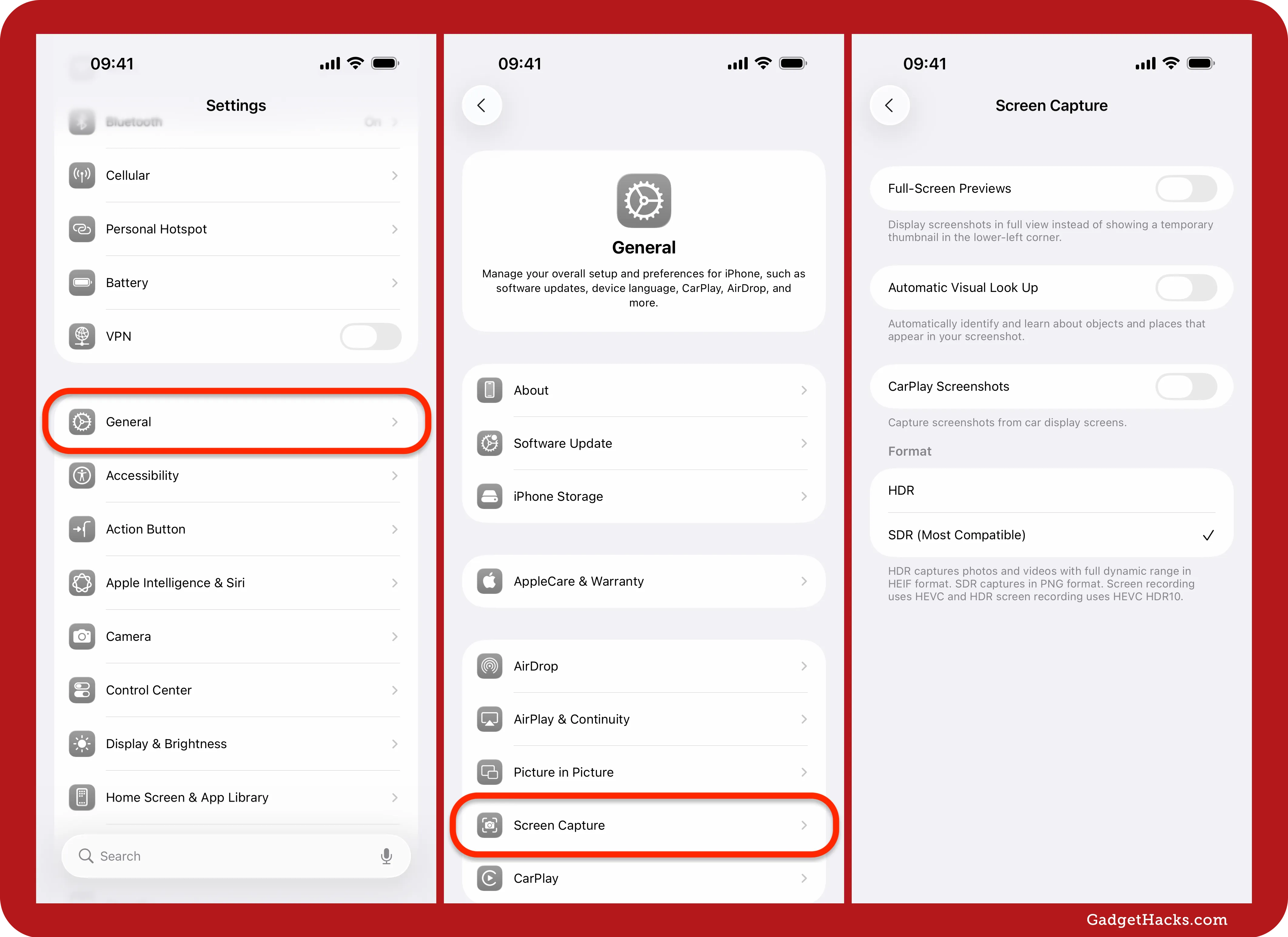iOS 18 Settings path General » Screen Capture showcasing toggles for full-screen previews, automatic visual look up, CarPlay screenshots, and HDR versus SDR format.