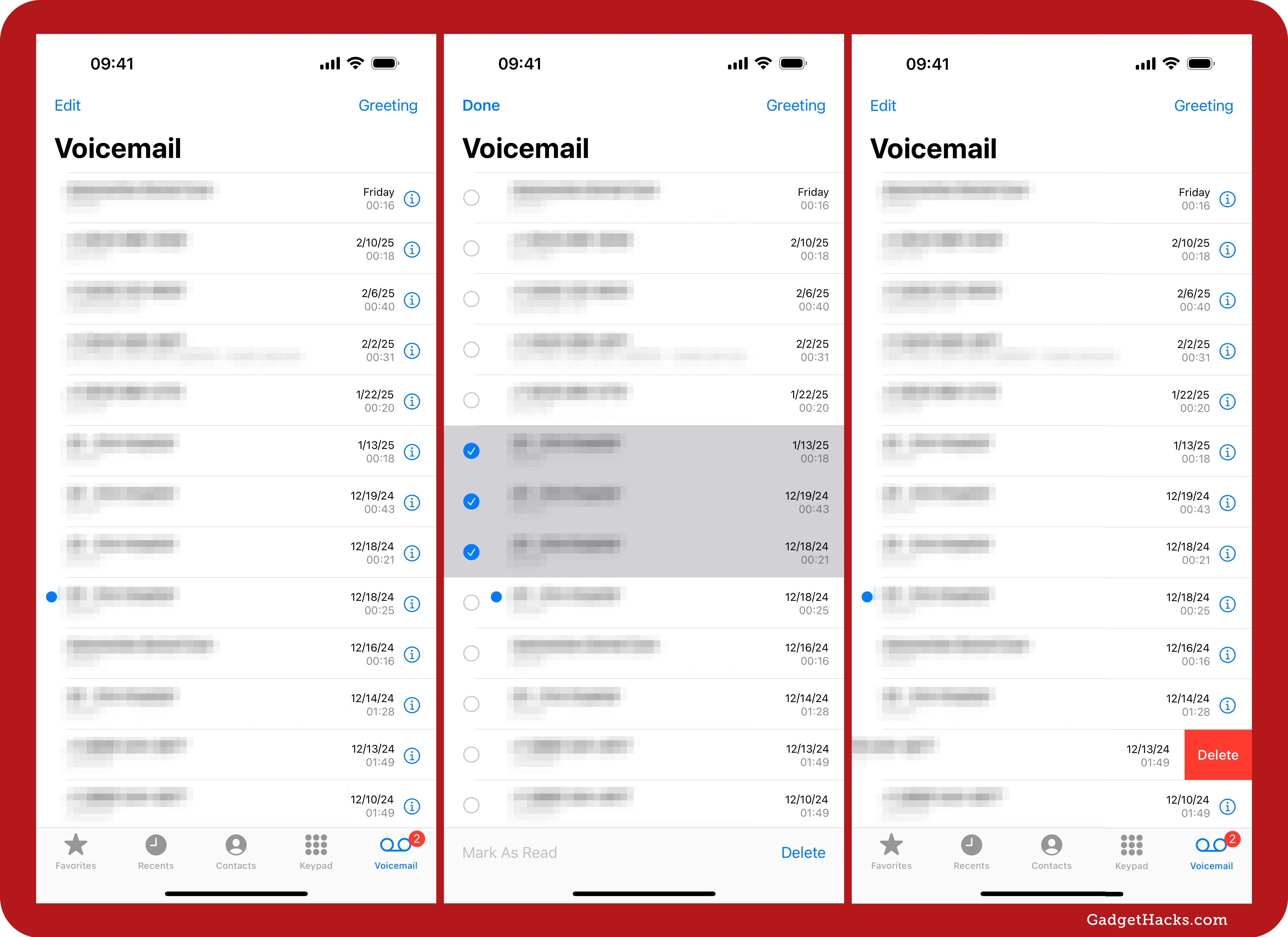 In the Voicemail tap in the Phone app, you an bulk delete voicemails or remove them one by one.