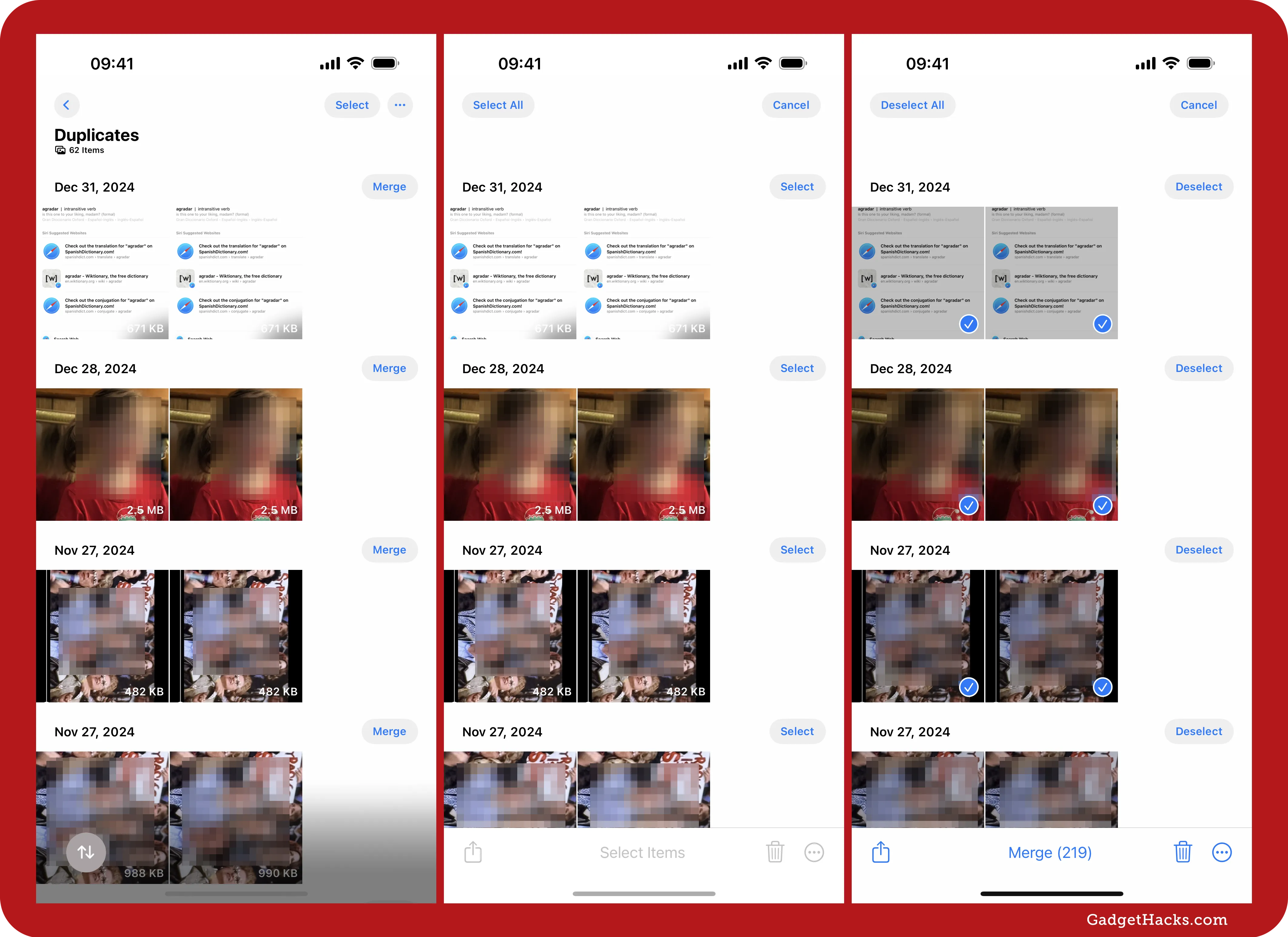 In the Photos app, open Duplicates in the Utilities folder, then hit Select, Select All, then Merge to merge them all or do them one by one instead.