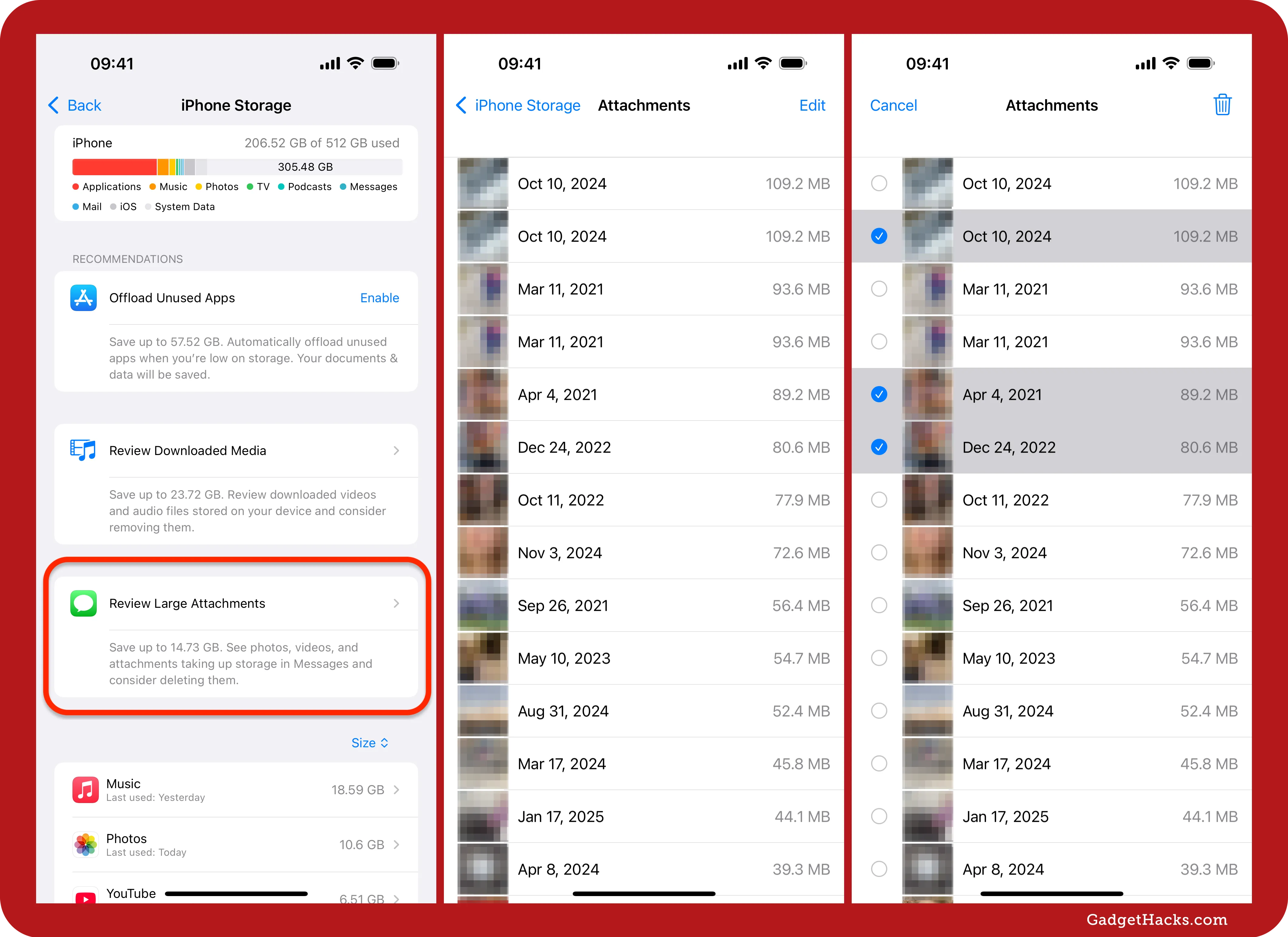 Open the Review Large Attachments recommendation and delete conversation attachments you no longer need.