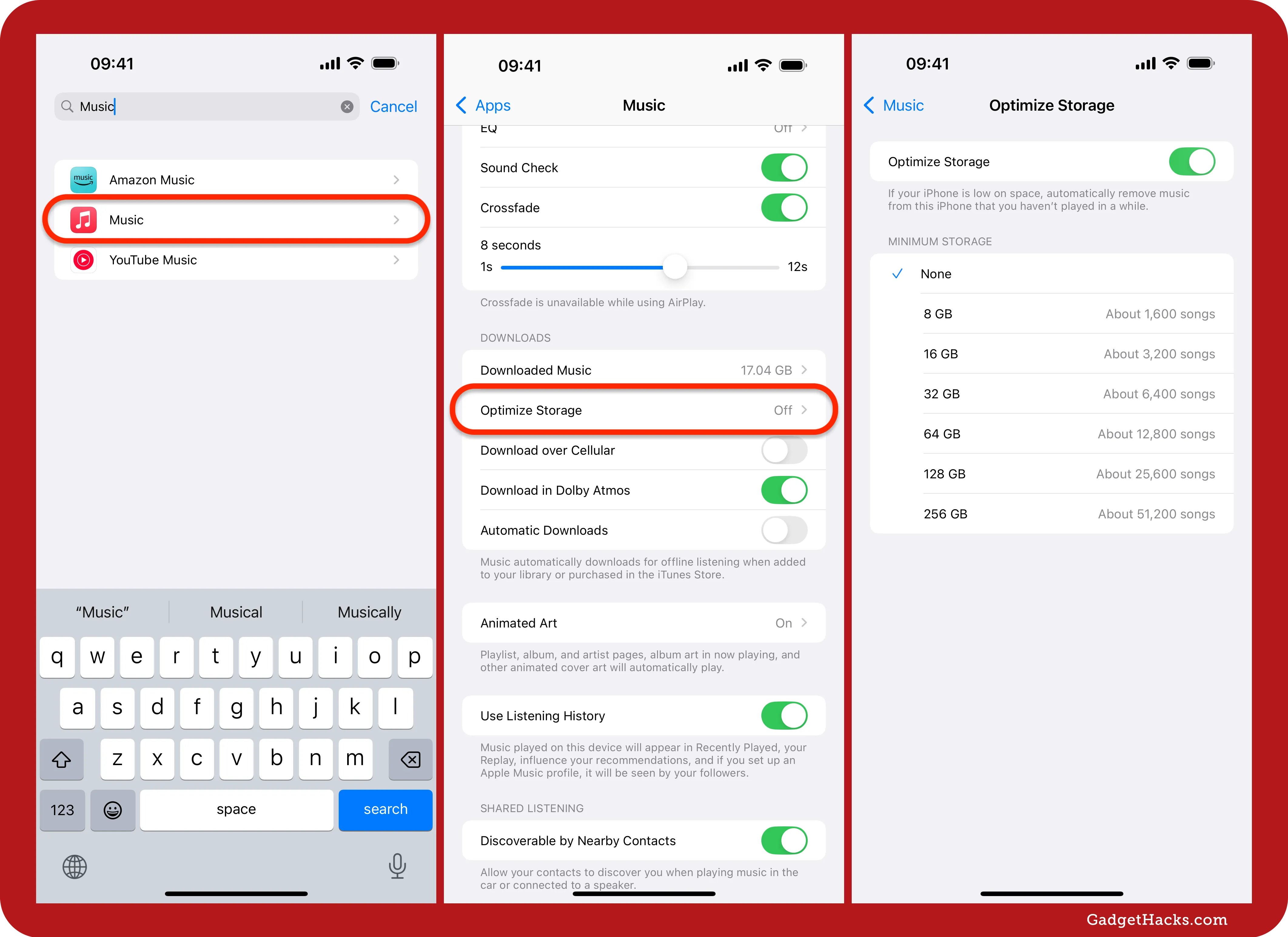 In Music's settings, open Optimize Storage, toggle the feature on, then choose the minimum storage amount you want to keep free on your iPhone.