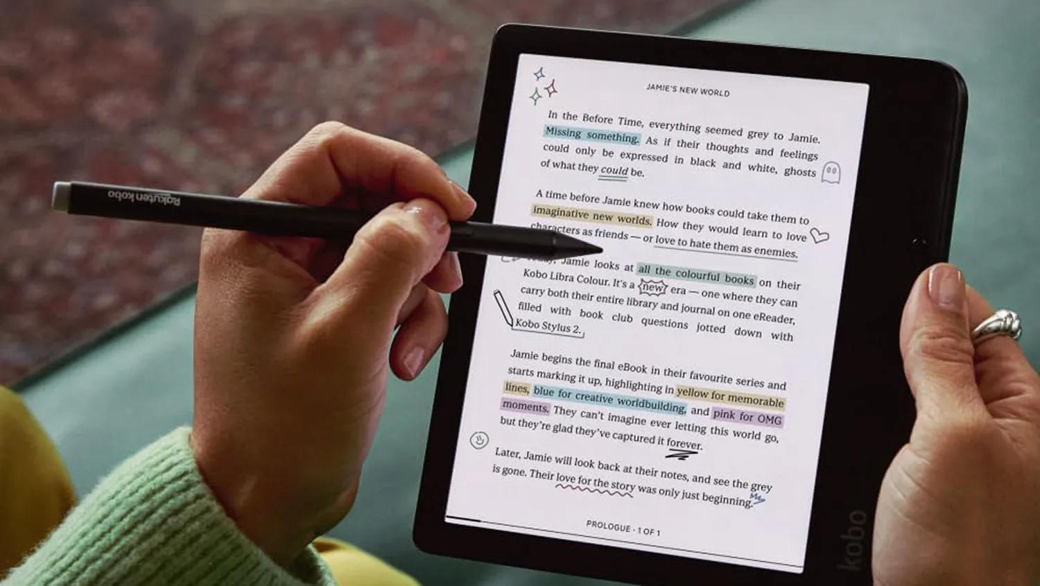 null Person using a stylus to highlight text on a Kobo Libra Colour e-reader, which shows a color-annotated page with handwritten doodles and vibrant highlights.