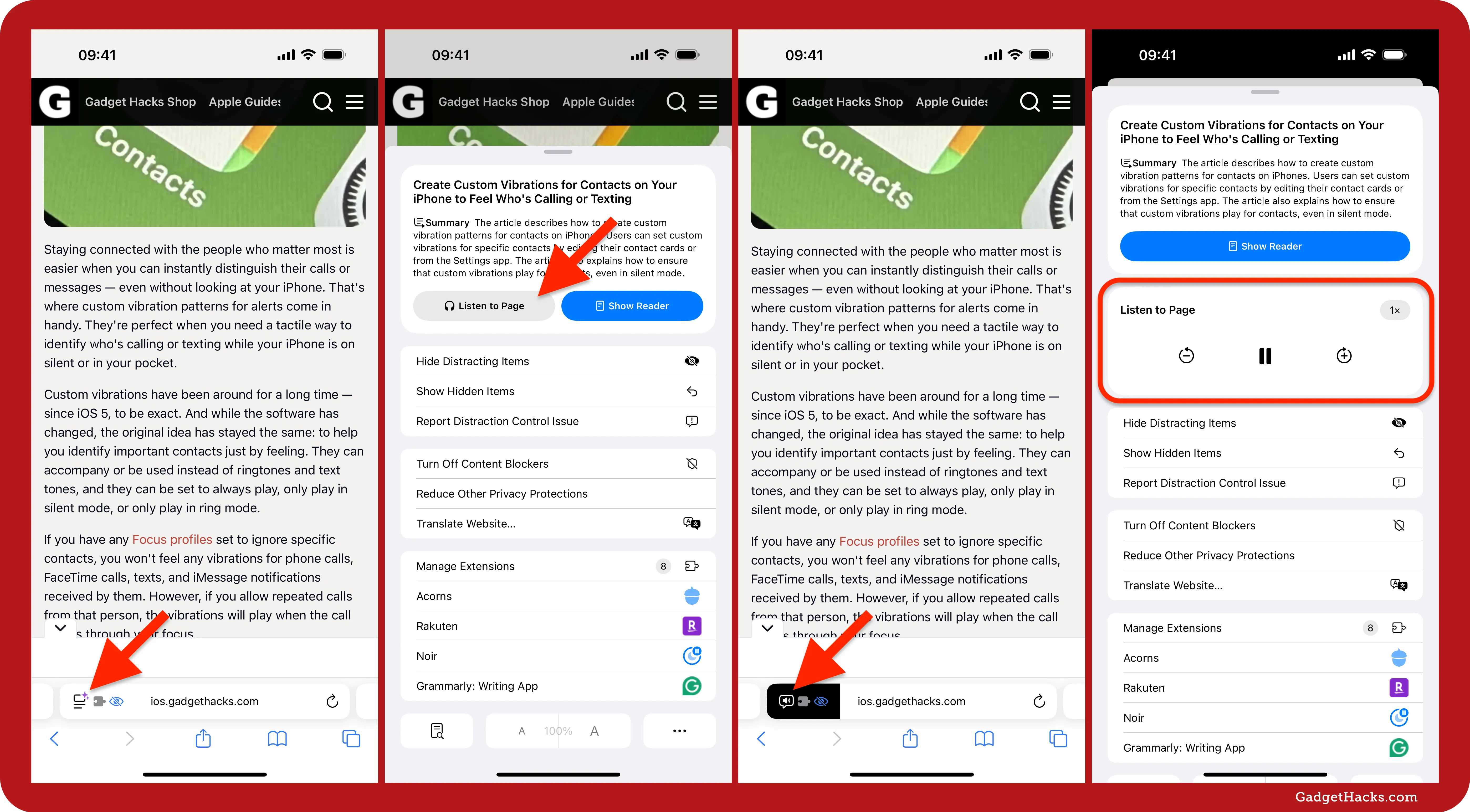 Four-step walkthrough showing Safari’s ‘Listen to Page’ feature on iOS 18, from tapping the address bar icon to playback controls over a Gadget Hacks article.