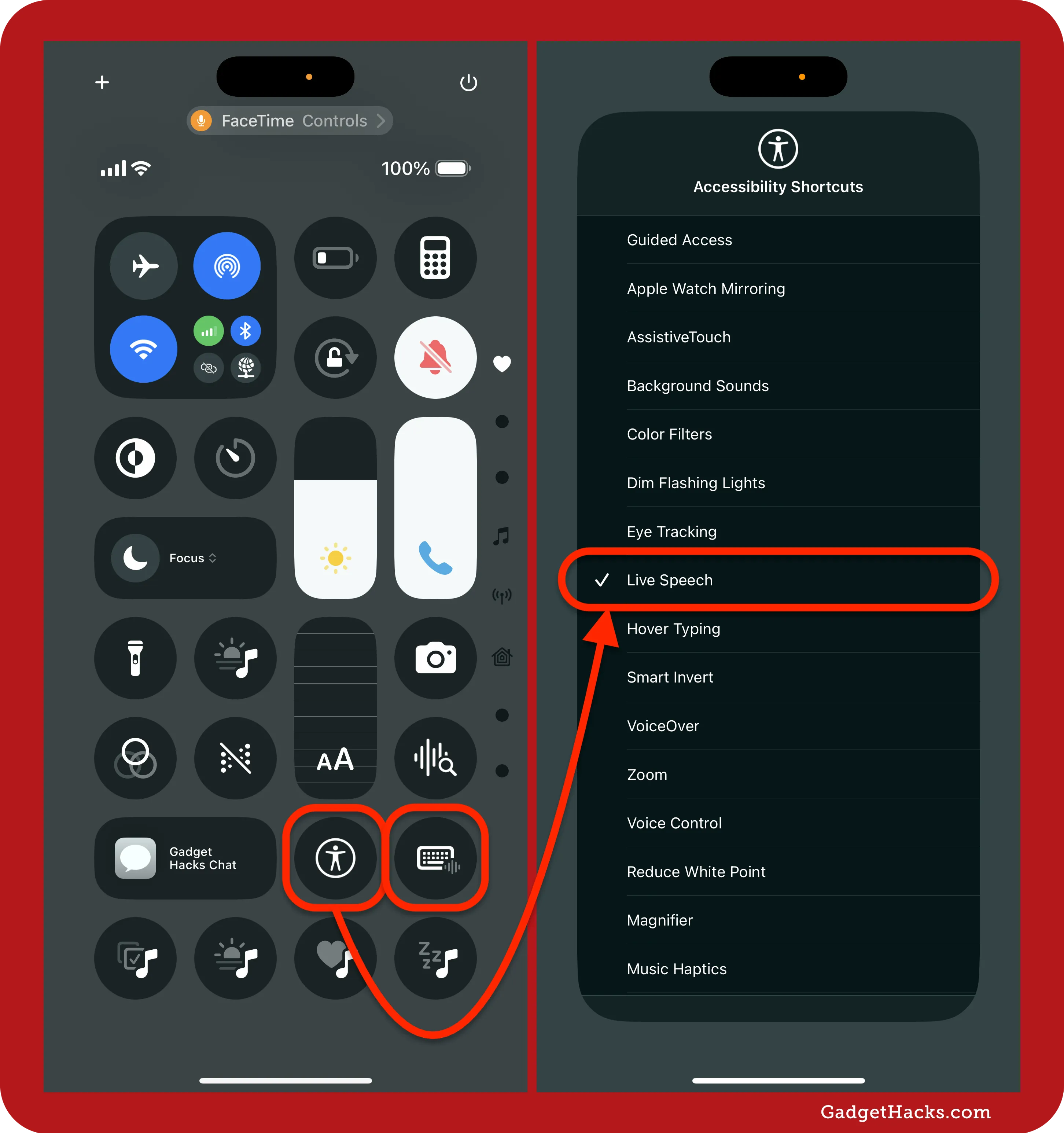Control Center shows accessibility and keyboard icons circled, with an arrow pointing to the Live Speech shortcut highlighted in Accessibility Shortcuts menu.