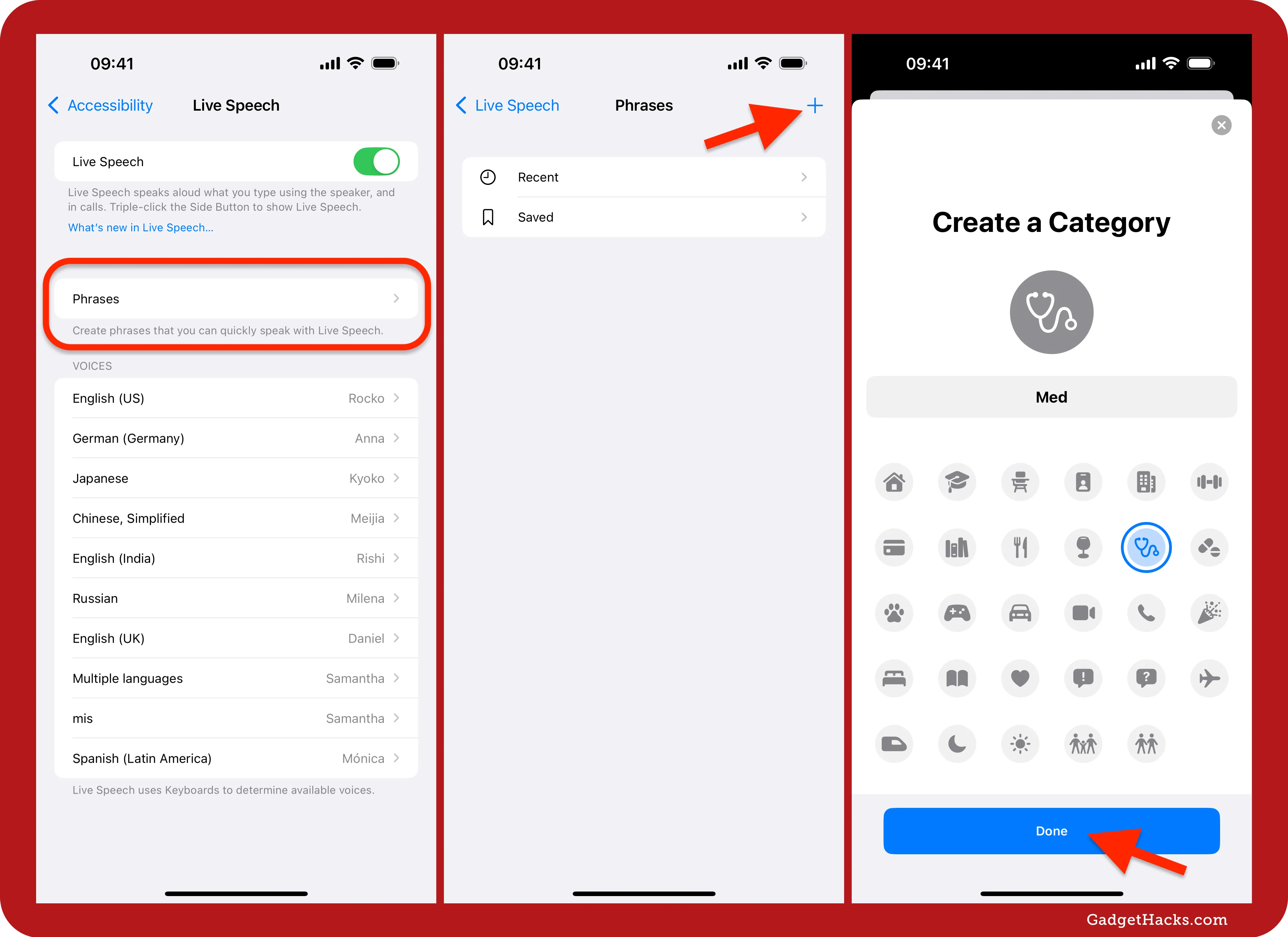 iPhone Live Speech settings screen highlights “Phrases,” then “Phrases” list view shows “Recent” and “Saved” categories, and create category screen displays icons for new category.