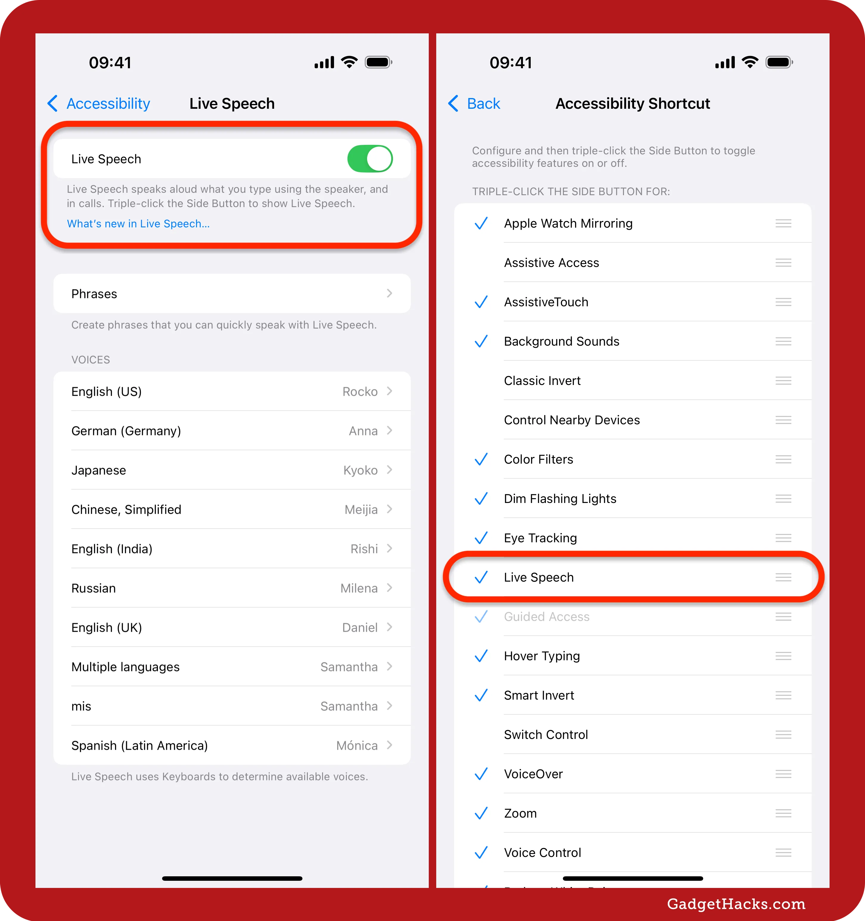 null Combined iPhone screenshots show Control Center with Live Speech icon added and Accessibility Shortcuts menu listing Live Speech with checkmark.