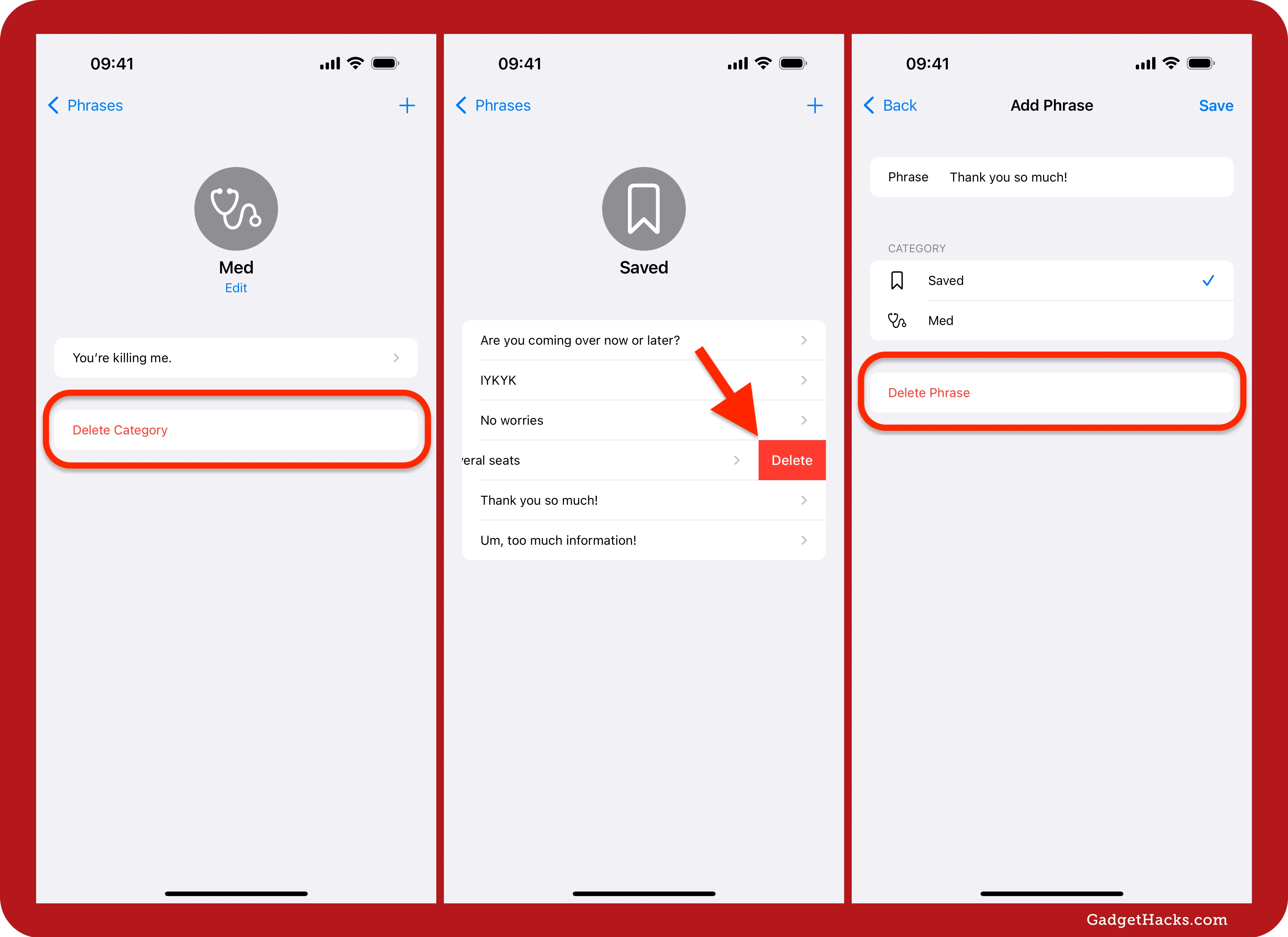 “Med” category view shows “Delete Category” option highlighted; Saved phrases list shows swipe-to-delete on “Take several seats”; Add Phrase view shows “Delete Phrase” option.