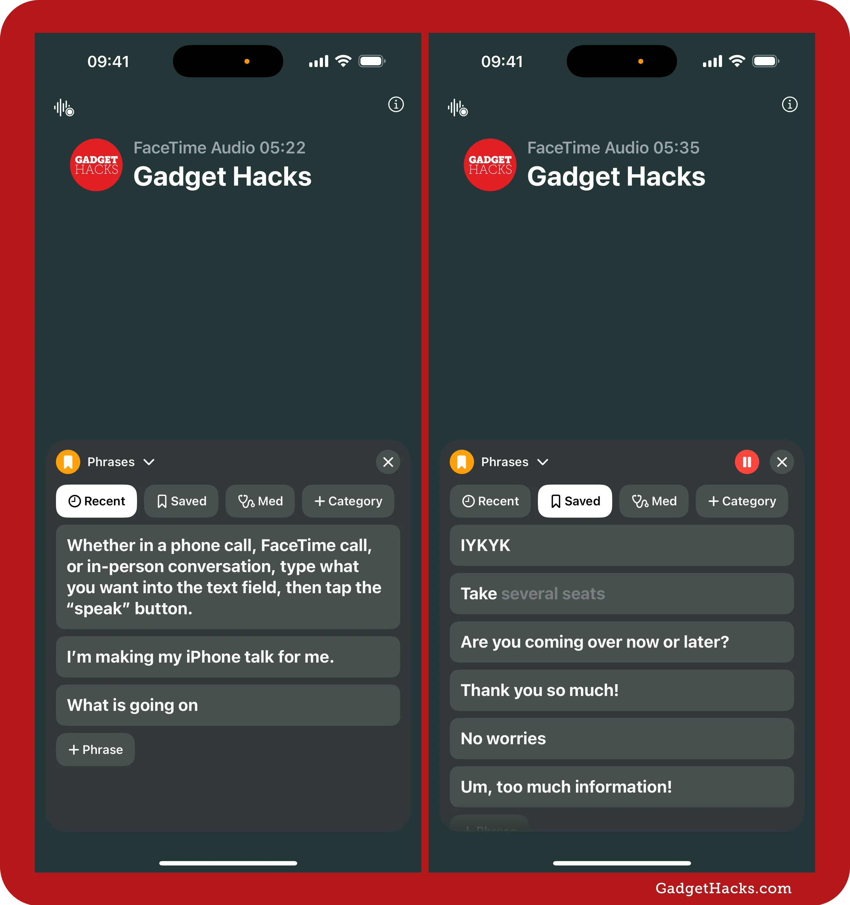 Live Speech “Phrases” widget shows tabs “Recent,” “Saved,” “Med,” and “+ Category,” with a list of saved phrases including “IYKYK” and “Thank you so much!” visible.