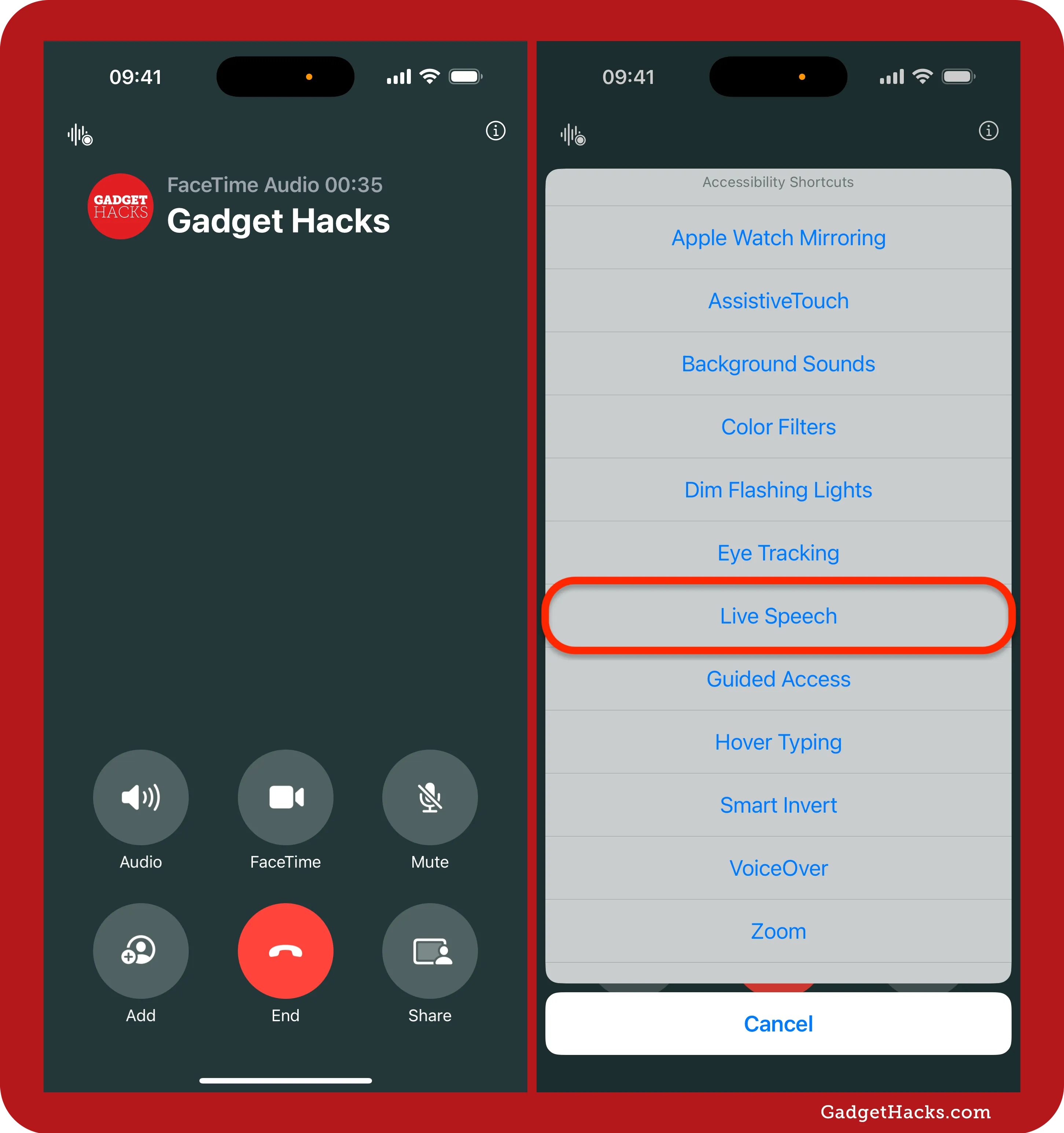 FaceTime call screen shows call controls, then Accessibility Shortcuts menu overlays with “Live Speech” option outlined in red.