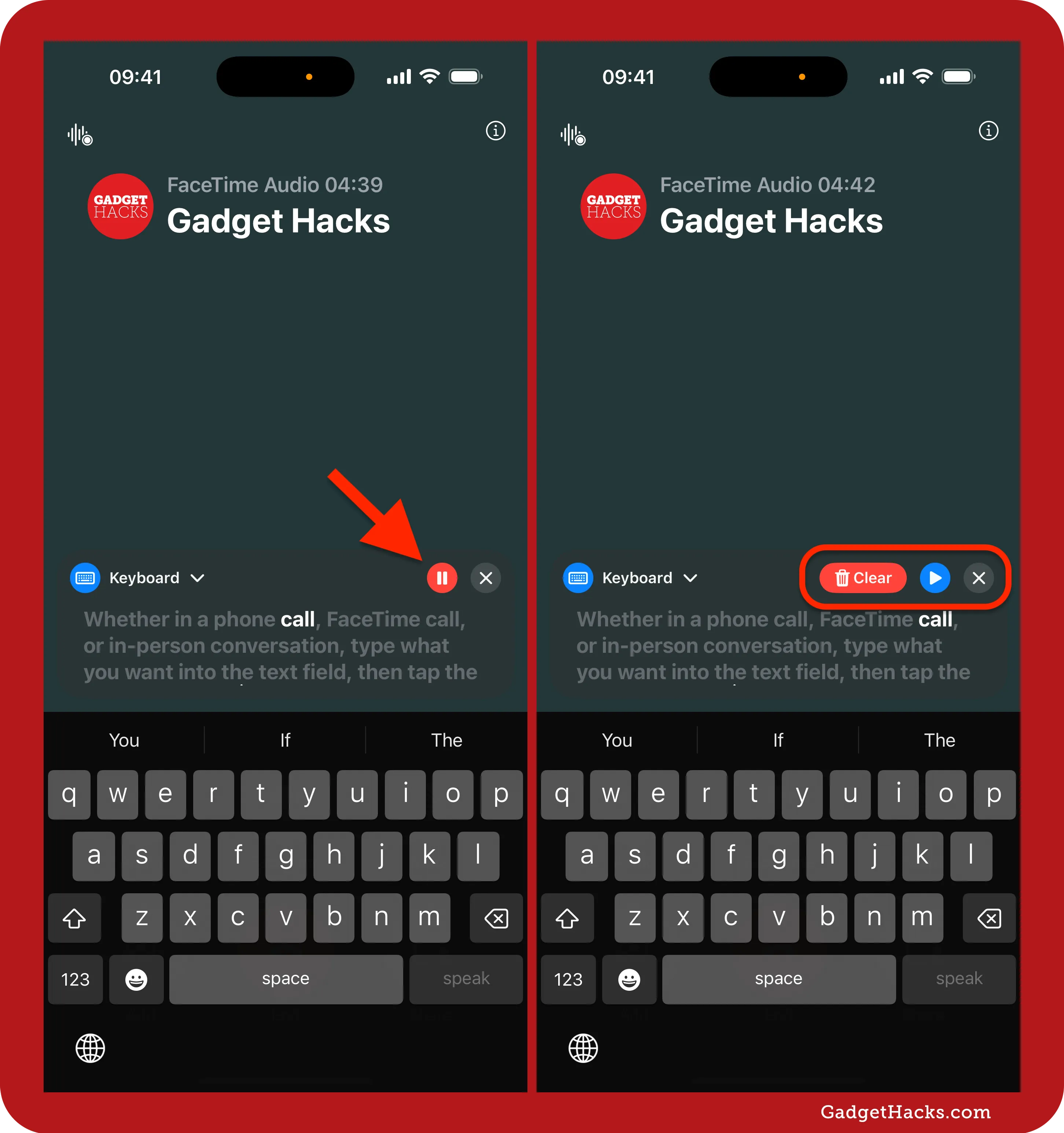 FaceTime call screen shows Live Speech widget with “play/pause” and “Clear” buttons, keyboard beneath with text partially spoken.