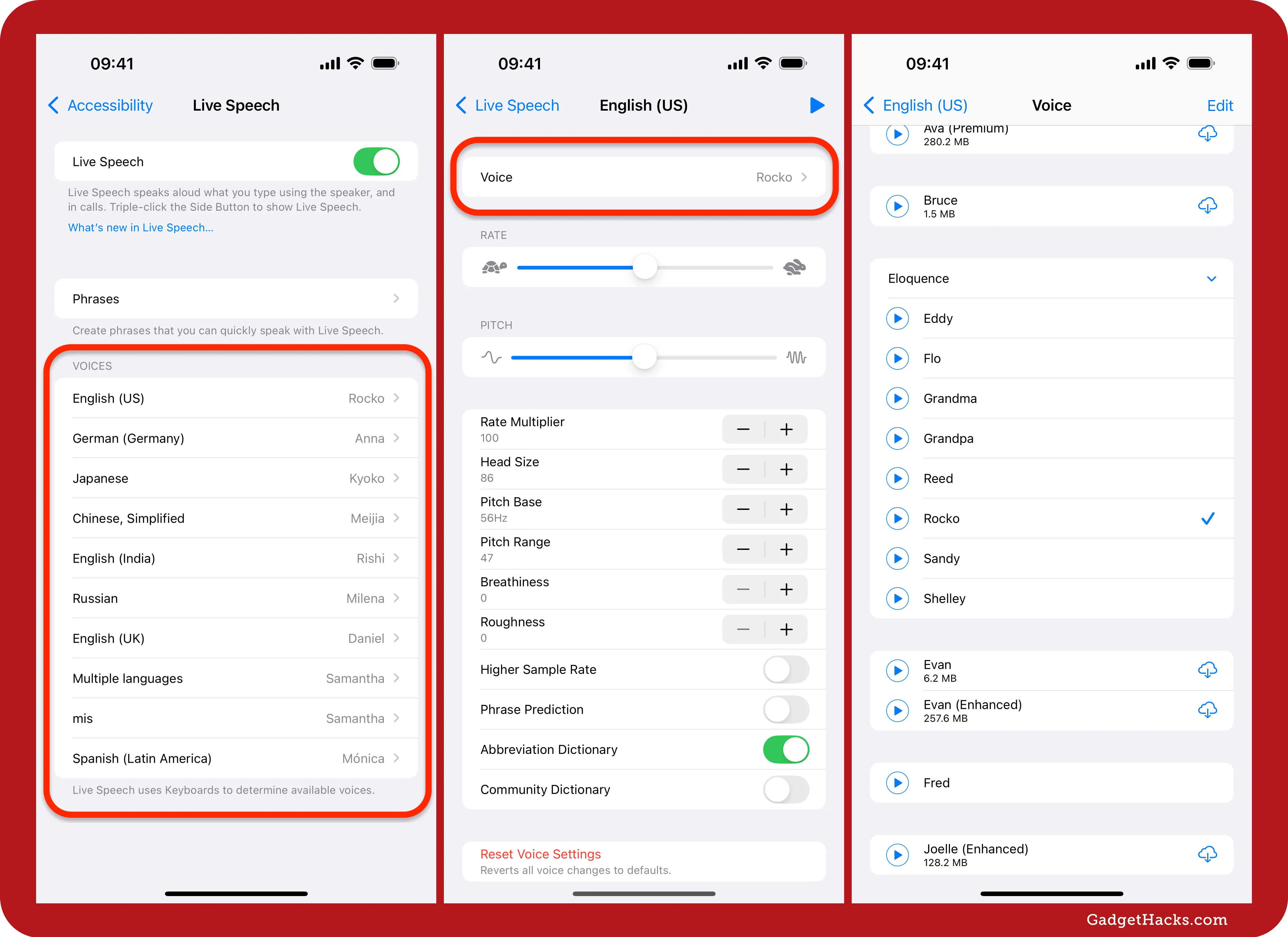 Live Speech settings screen highlights Voices list, then Voice settings showing sliders for rate and pitch, then English (US) voice list with Rocko selected.