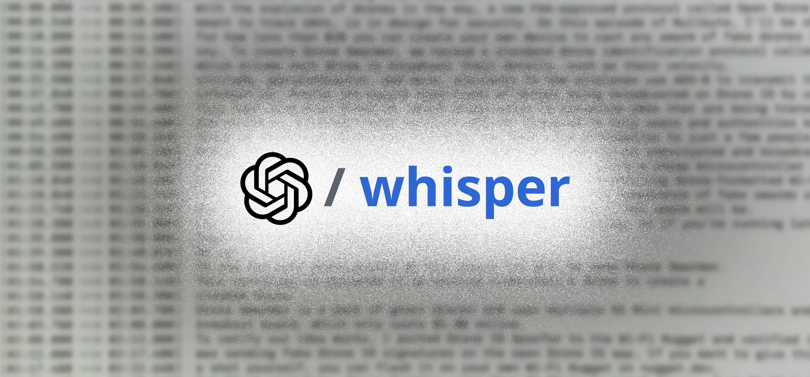 OpenAI Whisper logo with black blossom icon and blue “/ whisper” text over a blurred terminal window, illustrating command-line usage for transcription on macOS.