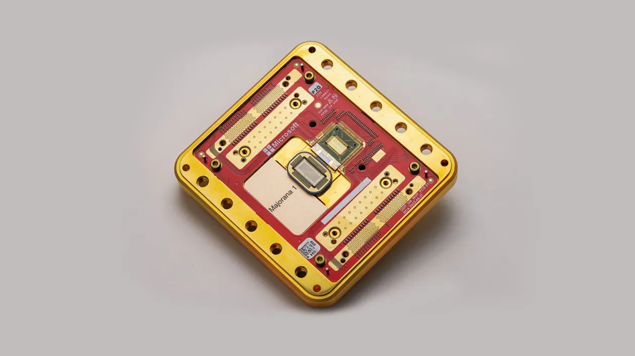 Microsoft’s Majorana 1 quantum processor mounted on a red and gold chip housing