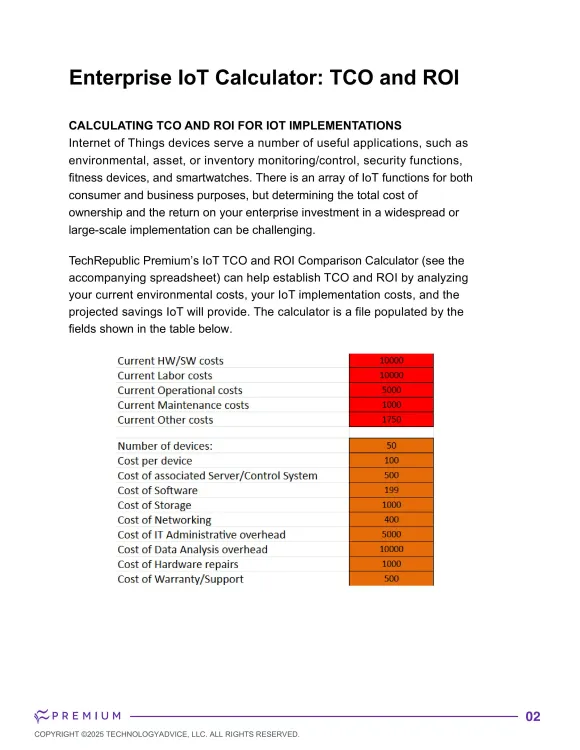 Screenshot of an IoT TCO ROI calculator spreadsheet