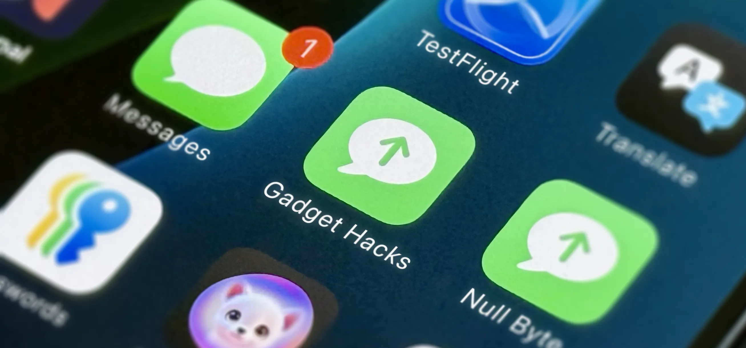 Gadget Hacks and Null Byte shortcut icons on an iPhone Home Screen, styled like the Messages app, with a notification badge on Messages.