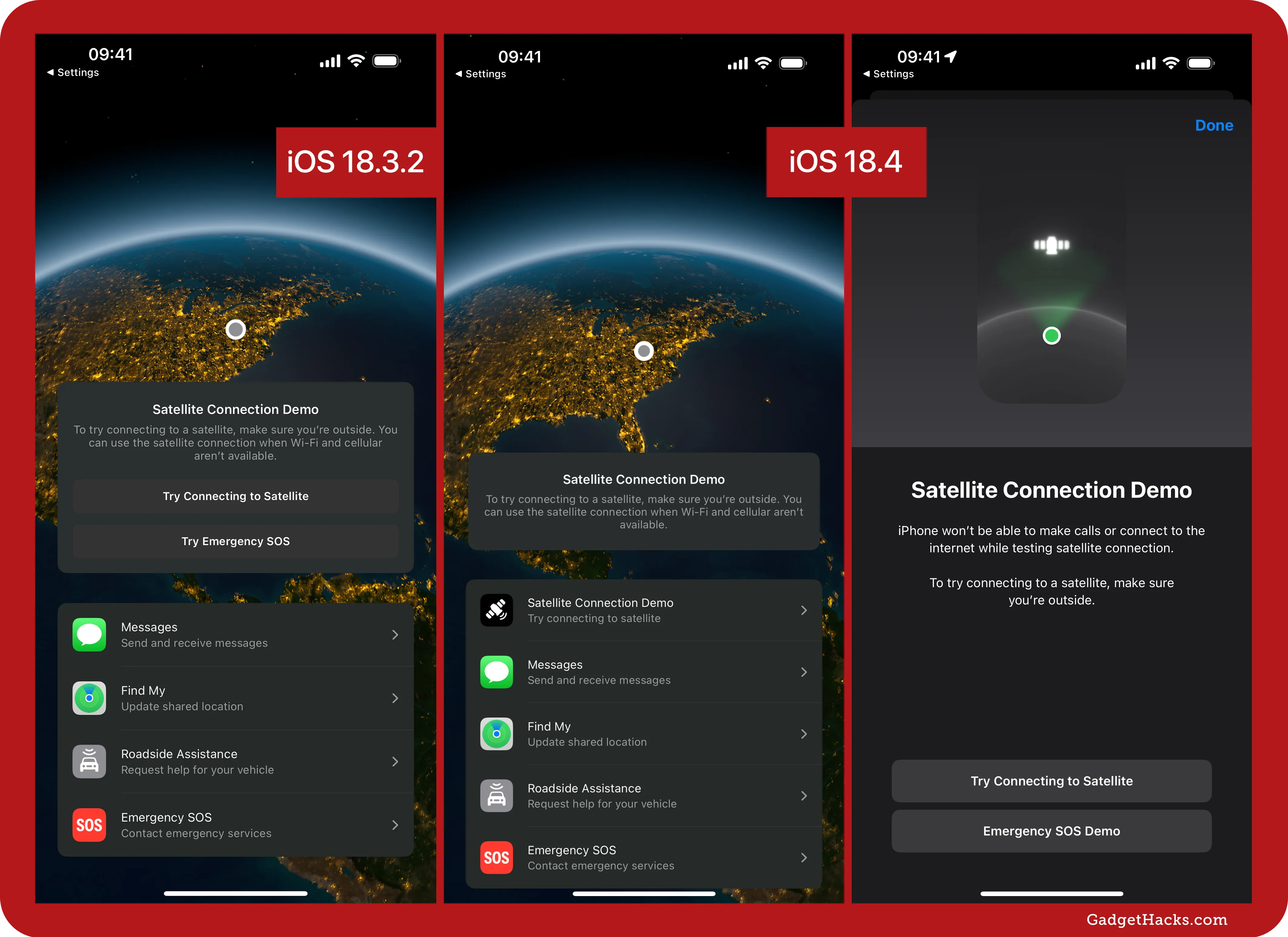Three screenshots comparing the Satellite Connection Demo in iOS 18.3.2 and iOS 18.4, showing visual and UI text changes in the Settings app interface.