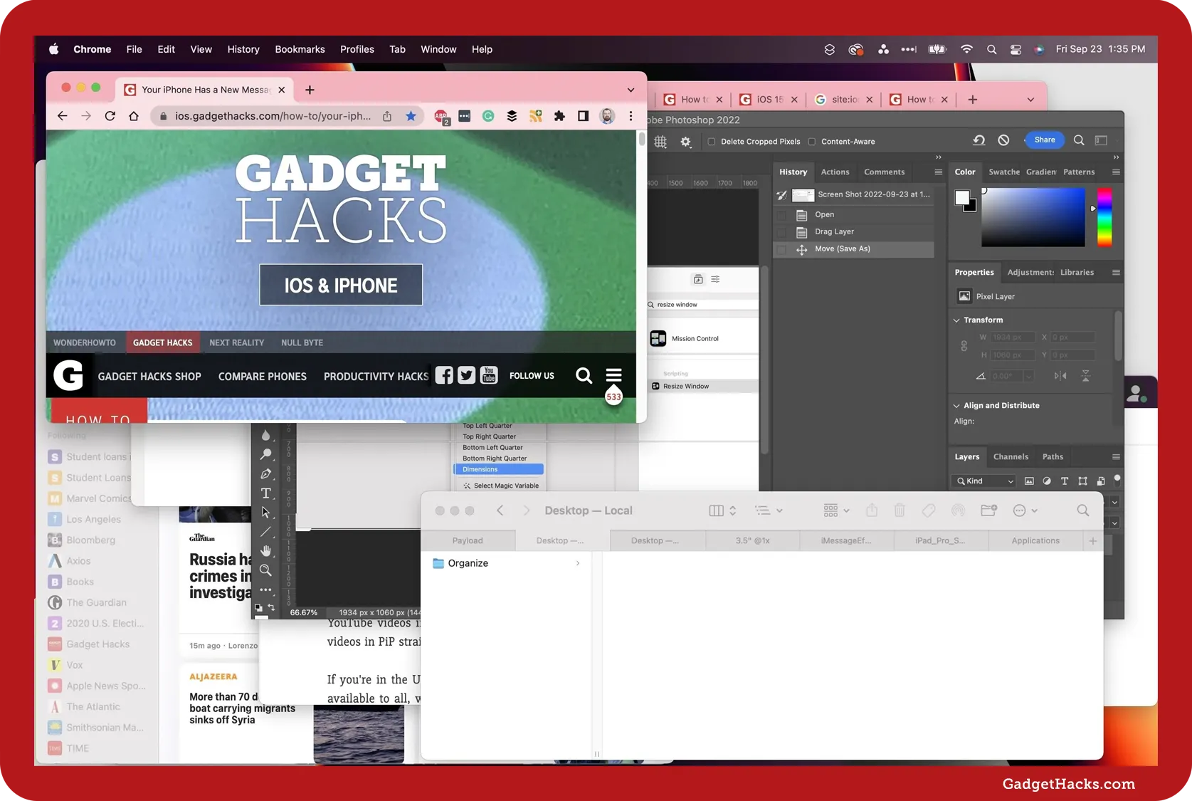 Cluttered macOS desktop with overlapping app windows including Chrome, Photoshop, Finder, and Shortcuts, obscuring content and making workspace navigation difficult.