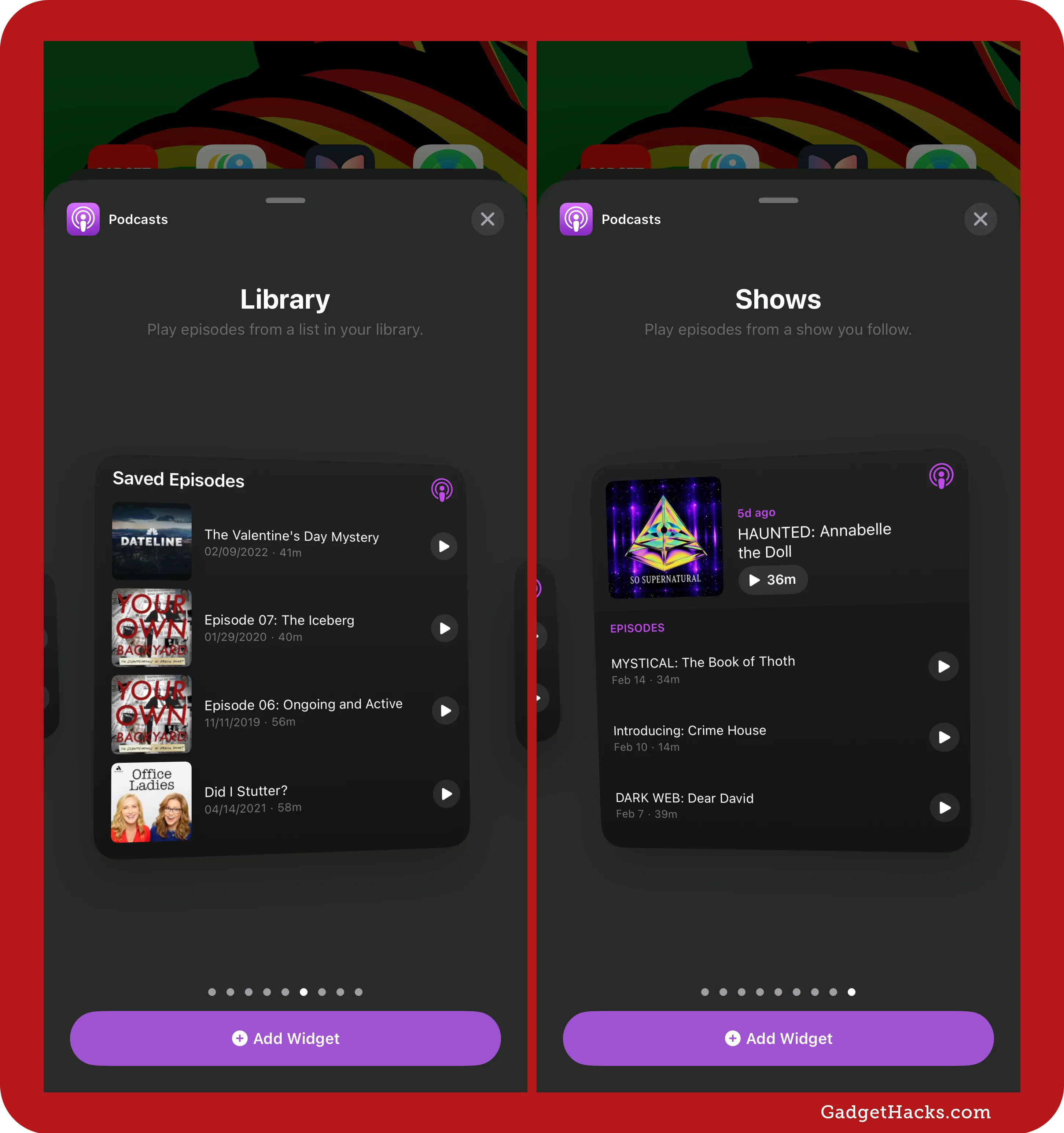 There are two new widget types for Apple Podcasts: Library and Shows.