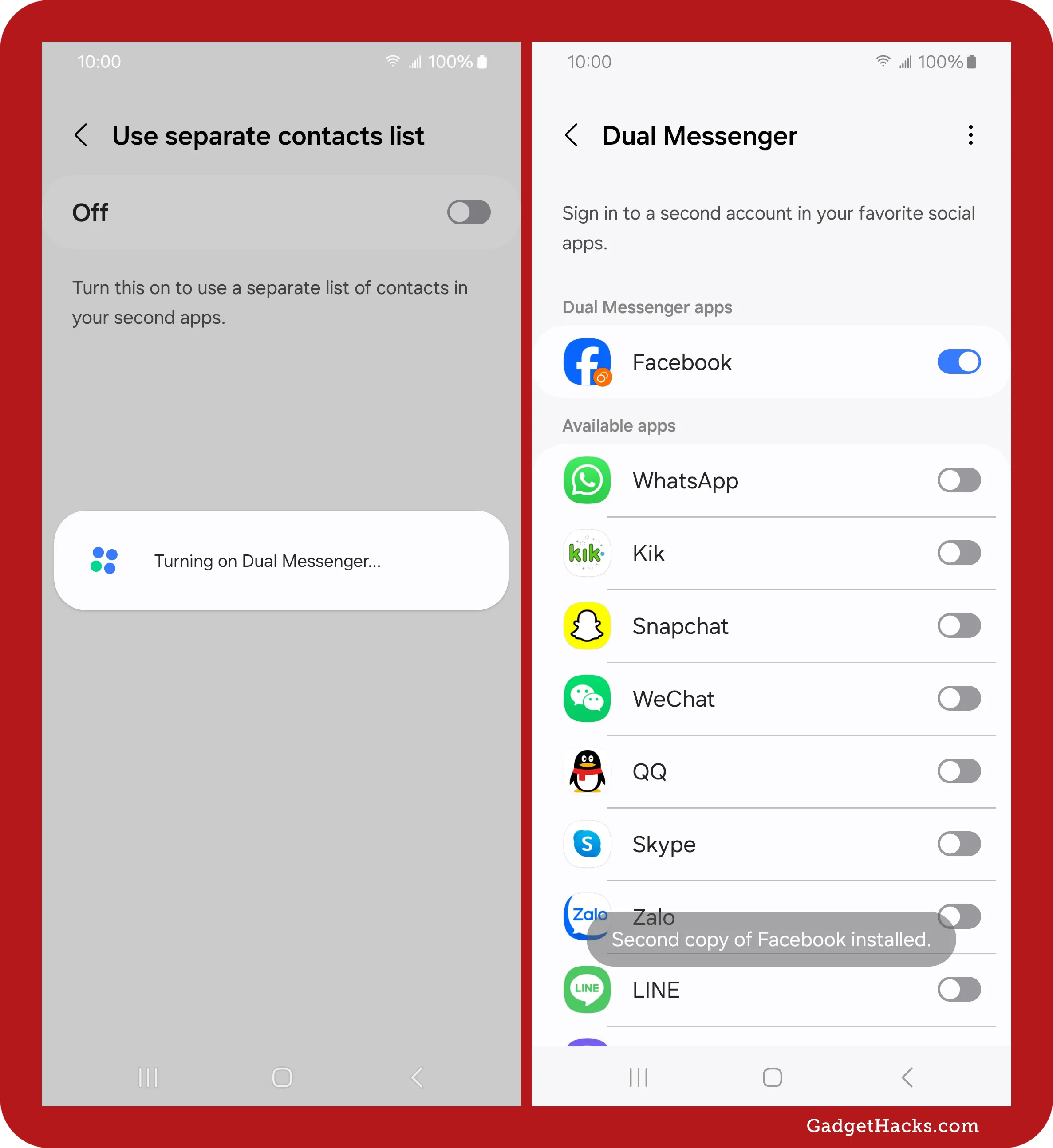 Screens showing Dual Messenger activation progress and confirmation that a second Facebook app copy has been installed on a Samsung device.
