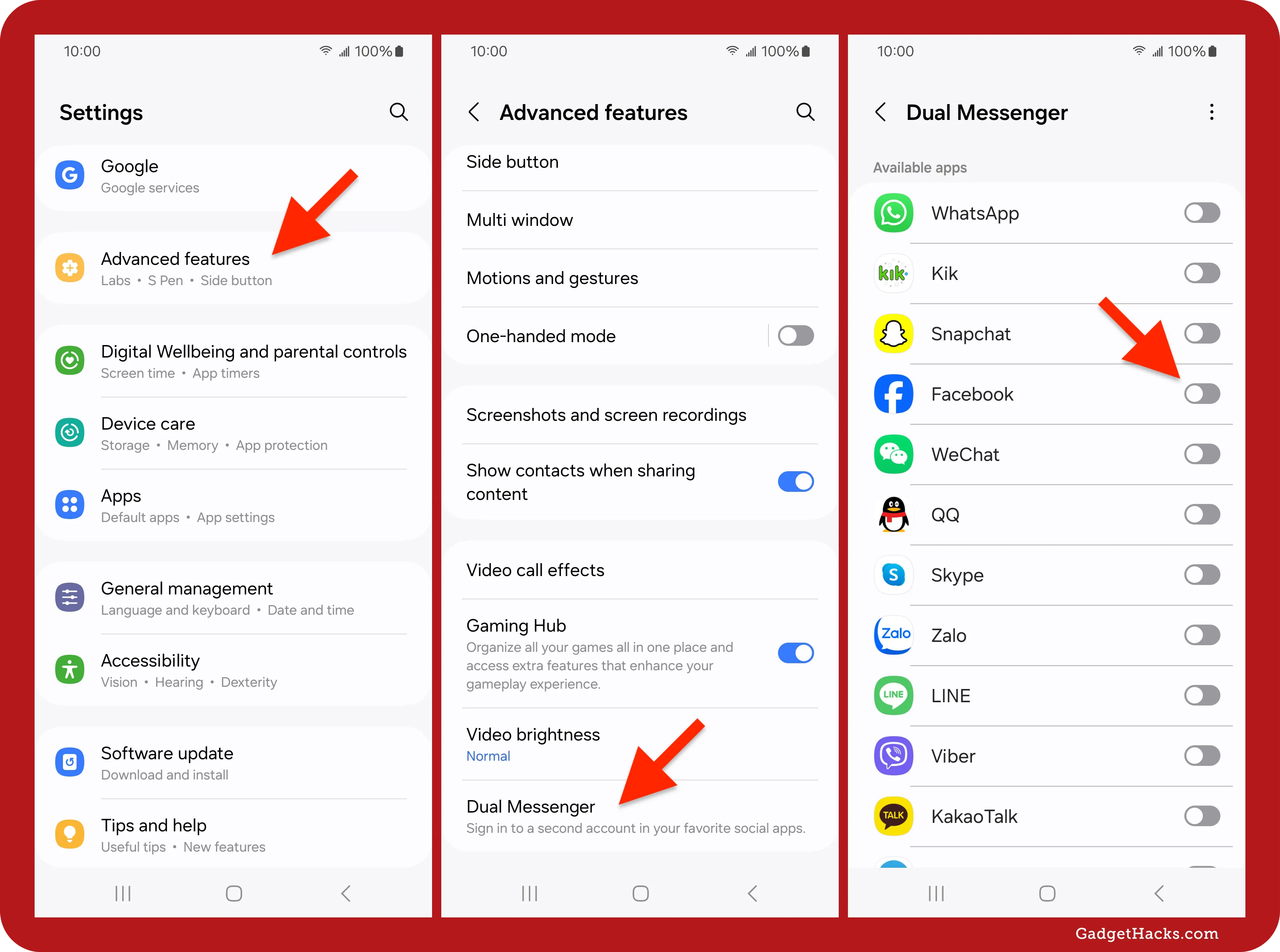 Three Samsung Galaxy Settings screens showing Advanced Features and Dual Messenger app cloning options.