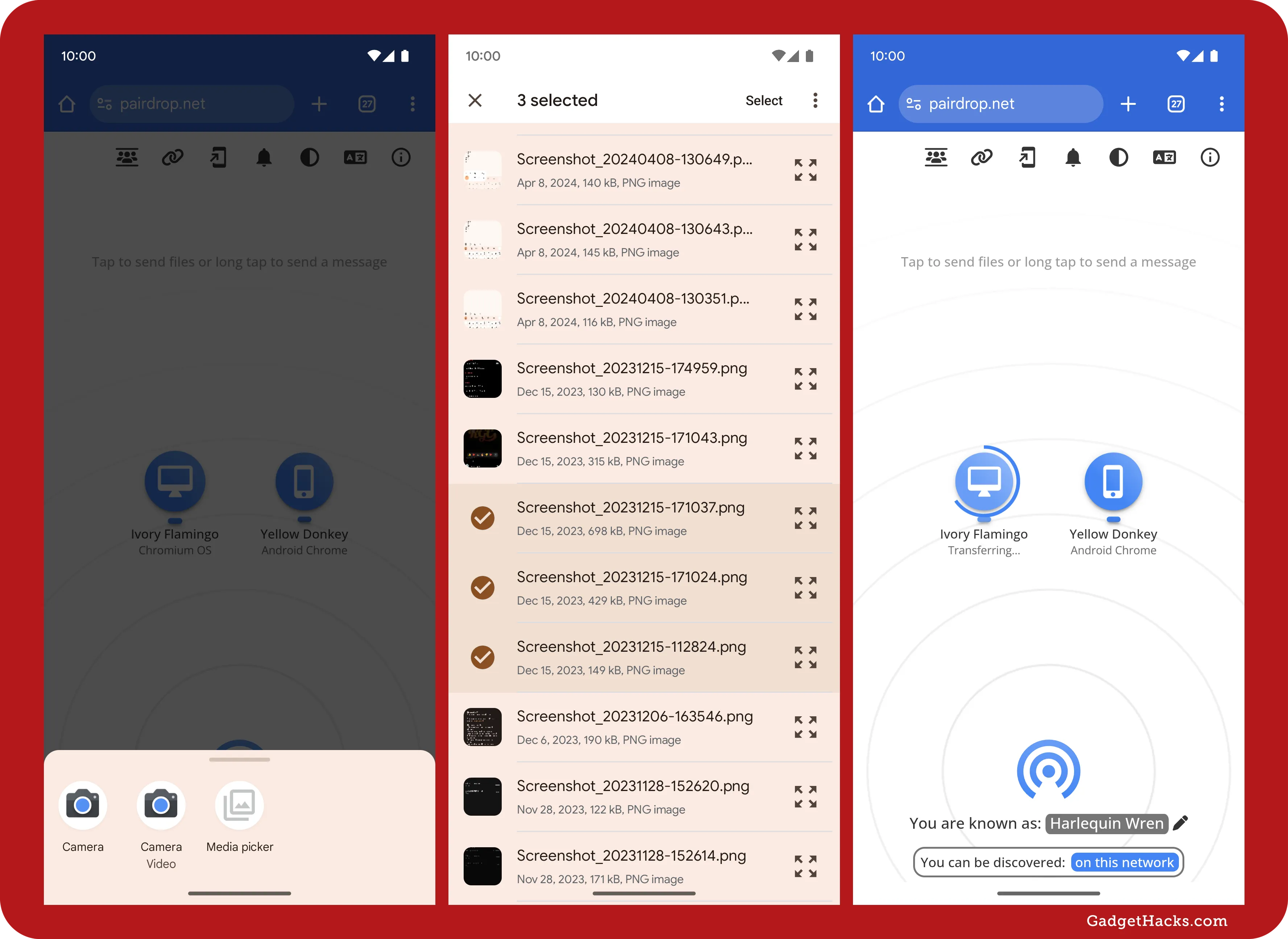 Three-panel screenshot of the PairDrop interface on an Android device. It shows selecting media, choosing files for transfer, and an ongoing file transfer to a Chromebook.