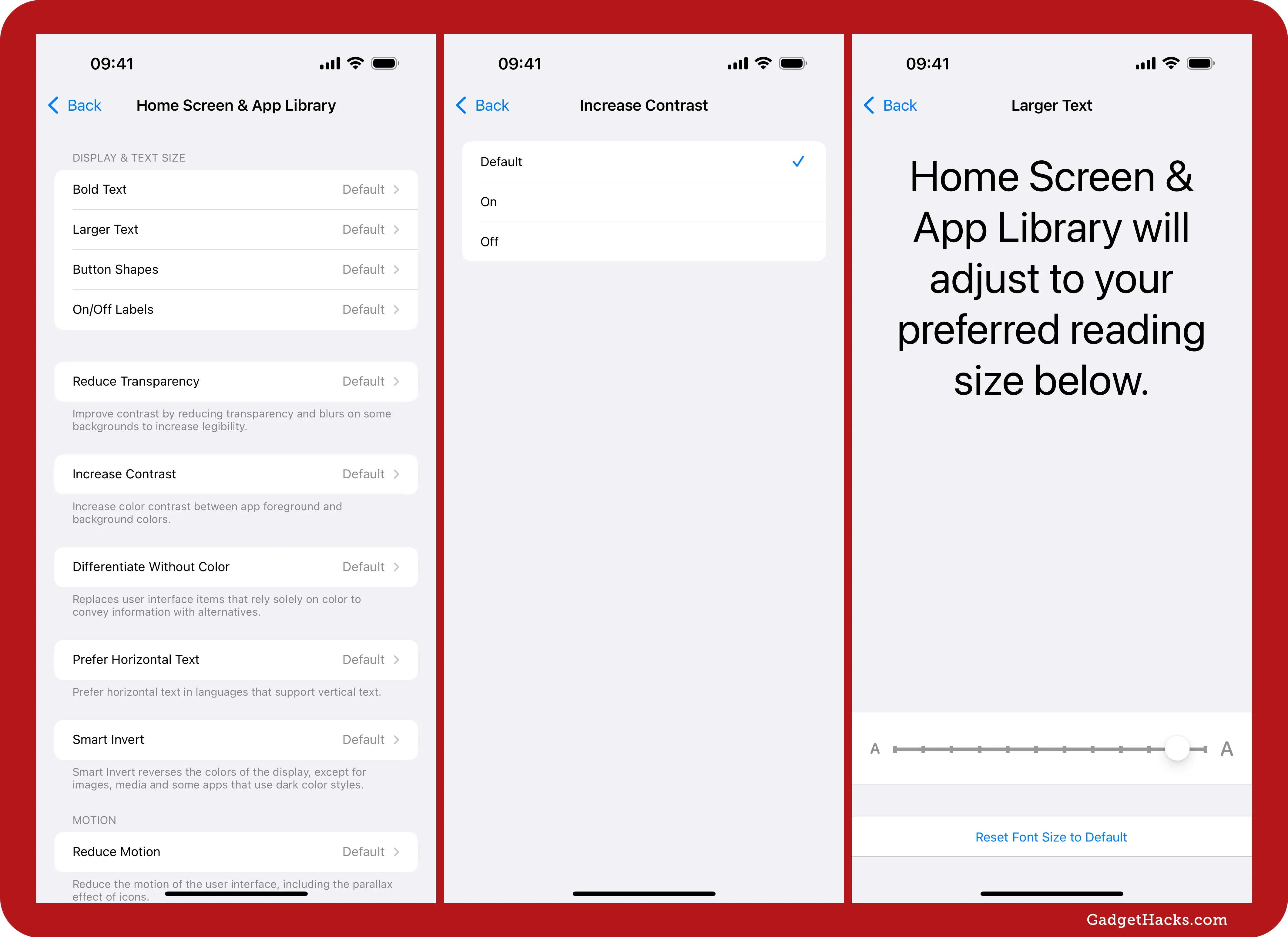 iOS Per-App Settings showing Home Screen & App Library display options, Increase Contrast selection screen, and Larger Text preview with adjustable slider.