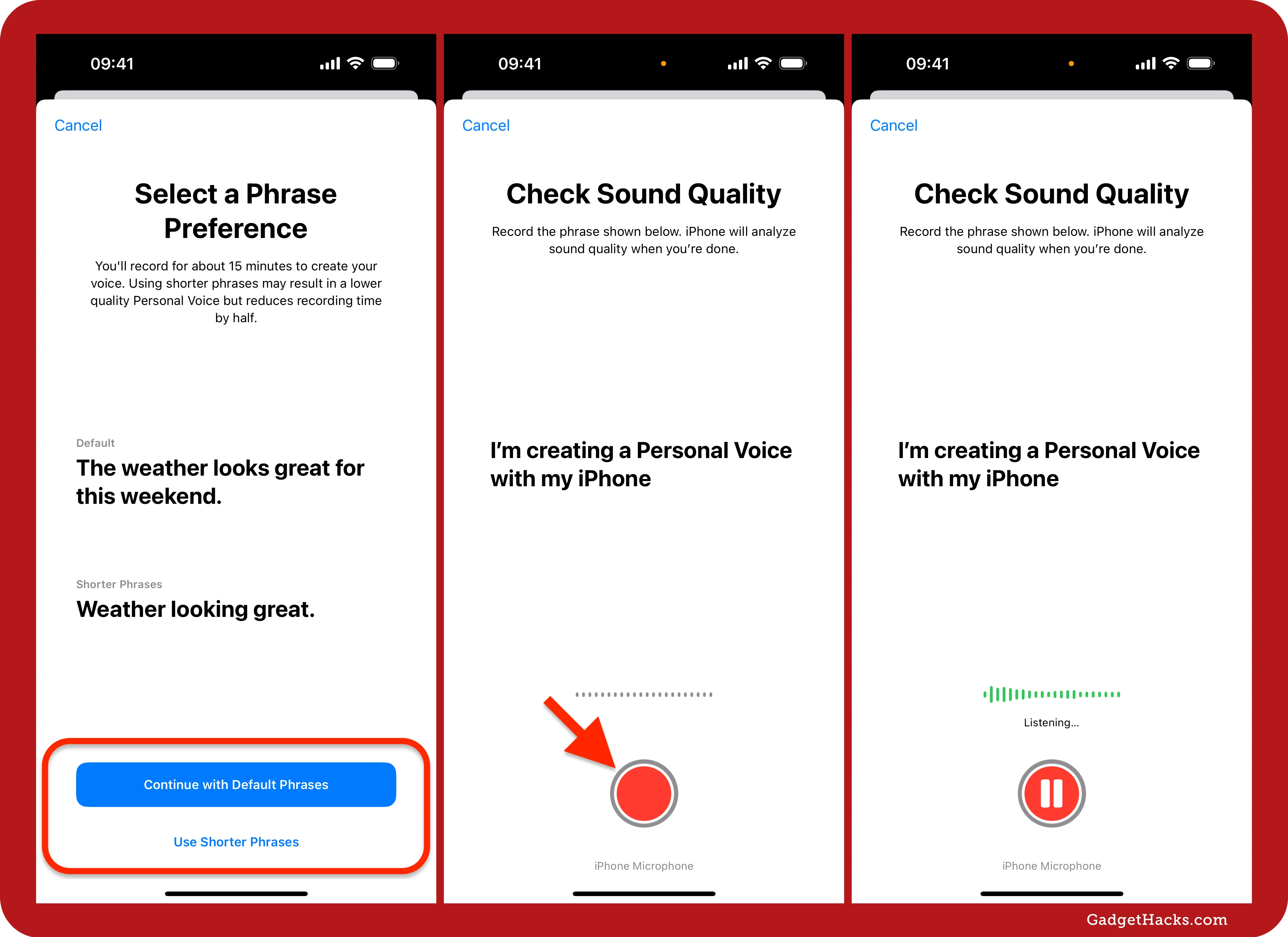Three iPhone screens showing Personal Voice setup: phrase preference with default and shorter options, sound quality check prompt, and recording in progress.