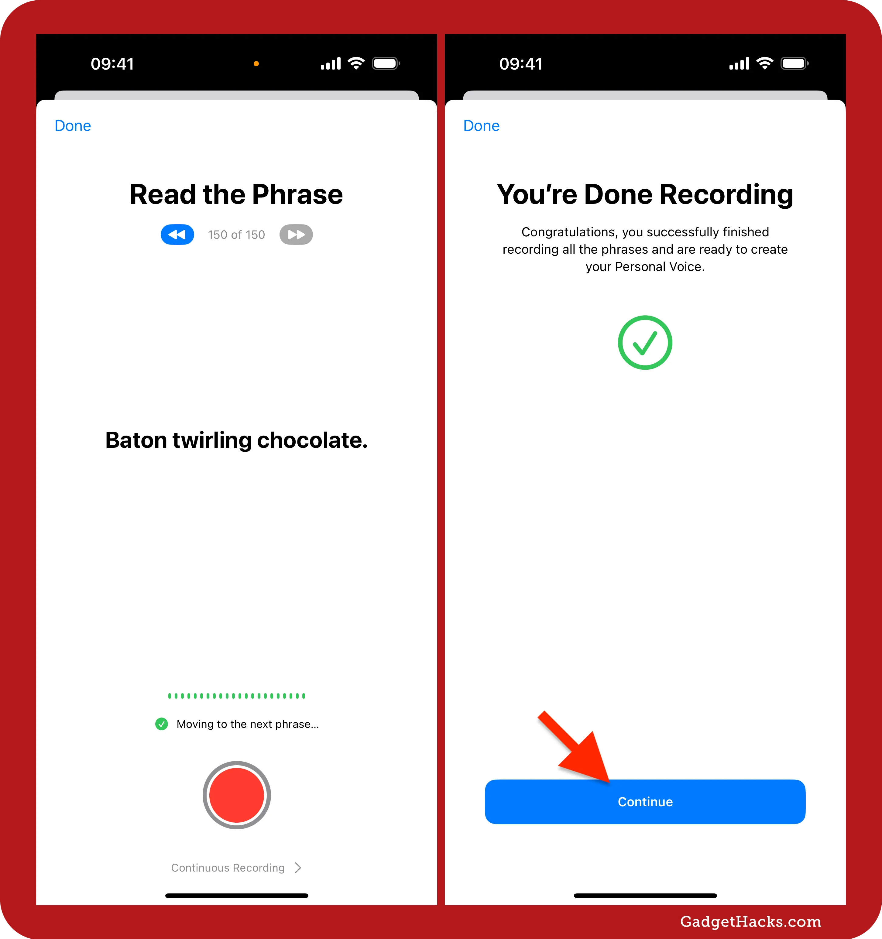 Two iPhone screens showing reading phrase prompt for Personal Voice recording with progress, and completion screen with checkmark and Continue button.