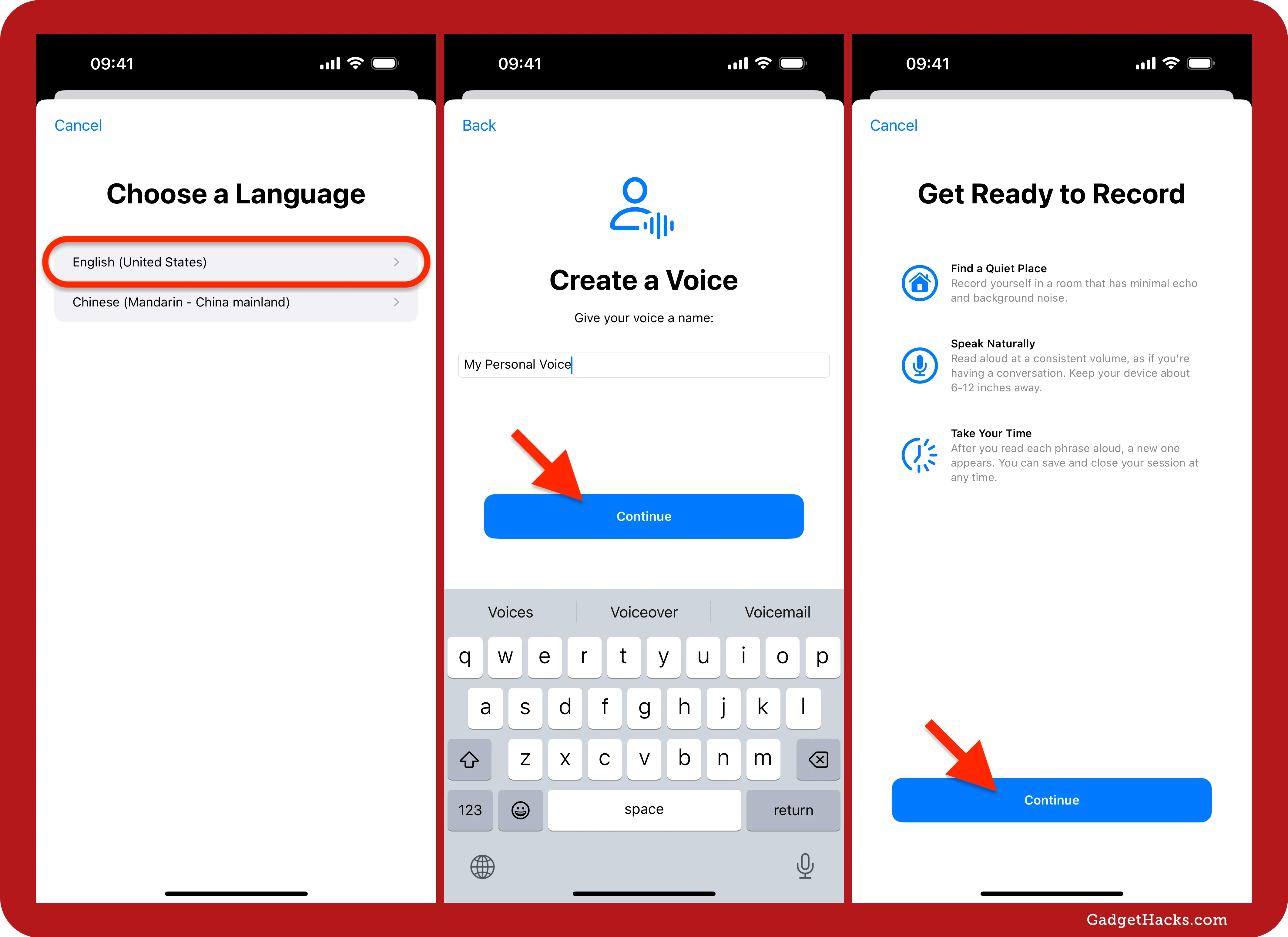 Three iPhone Settings screens showing Personal Voice setup: language selection, naming the voice with keyboard, and recording tips with Continue button.