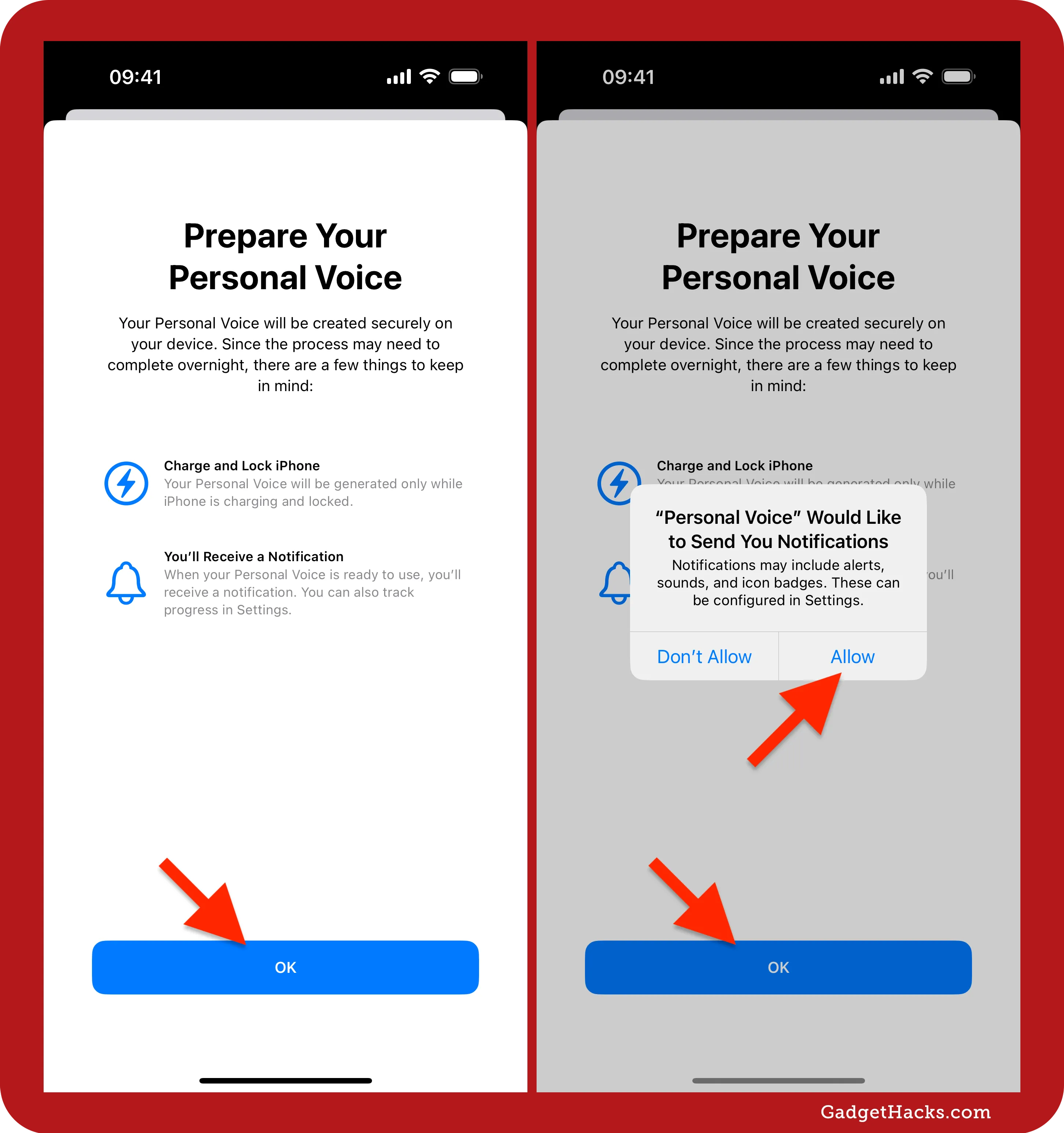Two iPhone screens showing Personal Voice preparation instructions—charge iPhone, notification details—and a prompt requesting notification permission.