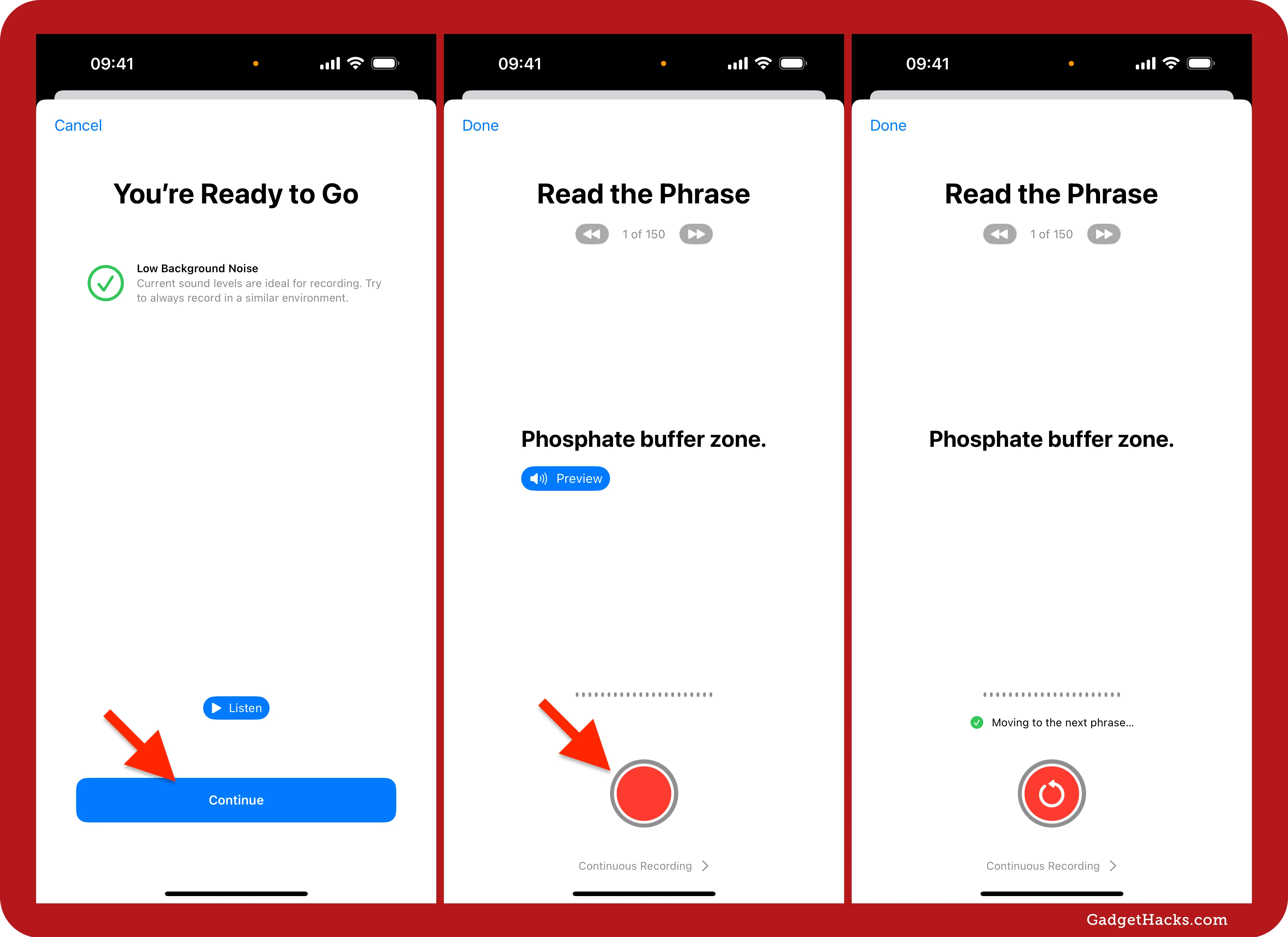 Three iPhone screens showing Personal Voice readiness check with noise indicator, phrase preview and recording button, and progress moving to next phrase.