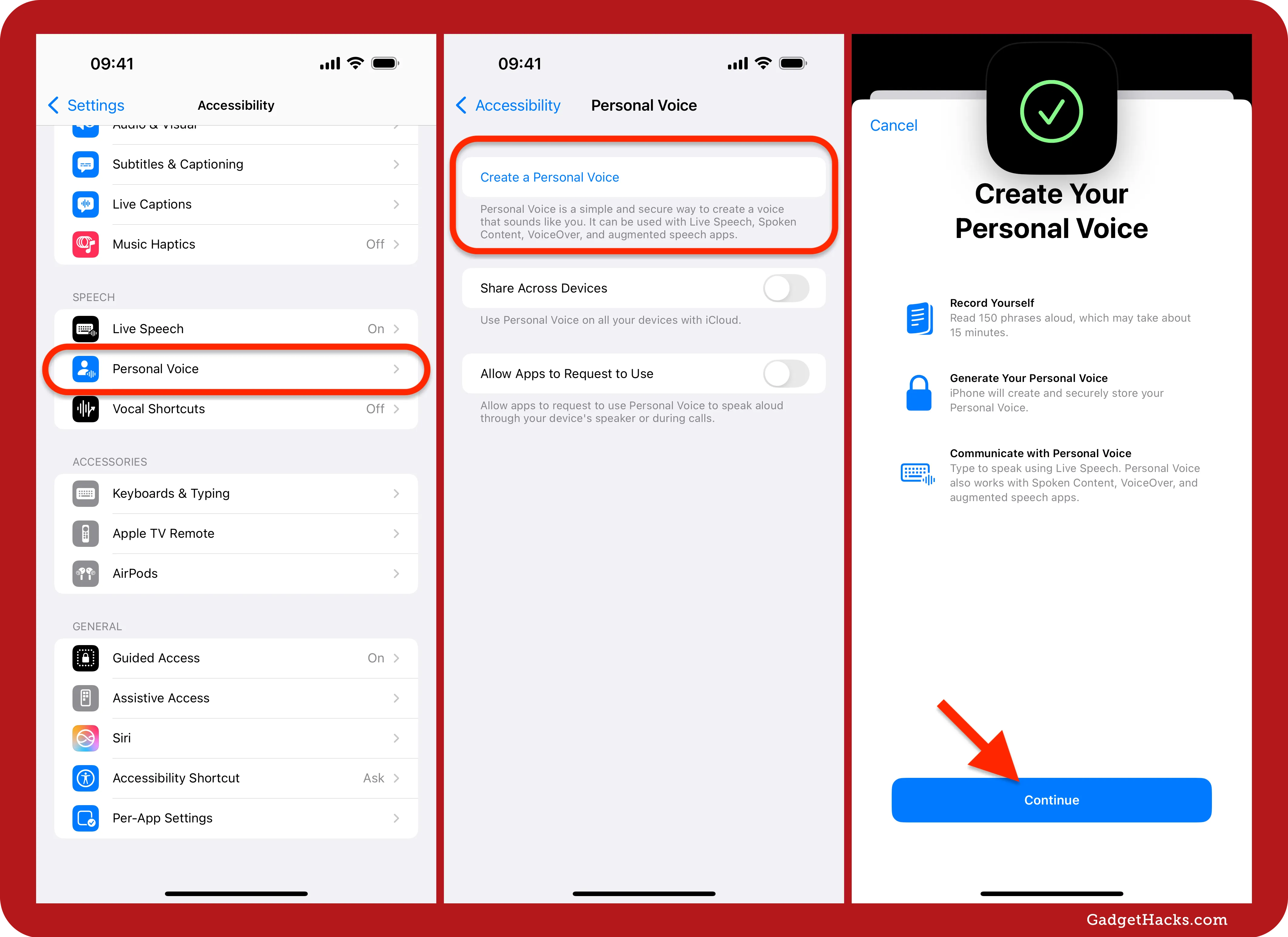 Three iPhone Settings screens showing Accessibility list with Personal Voice, Personal Voice menu with Create button, and Create Your Personal Voice view with Continue button.