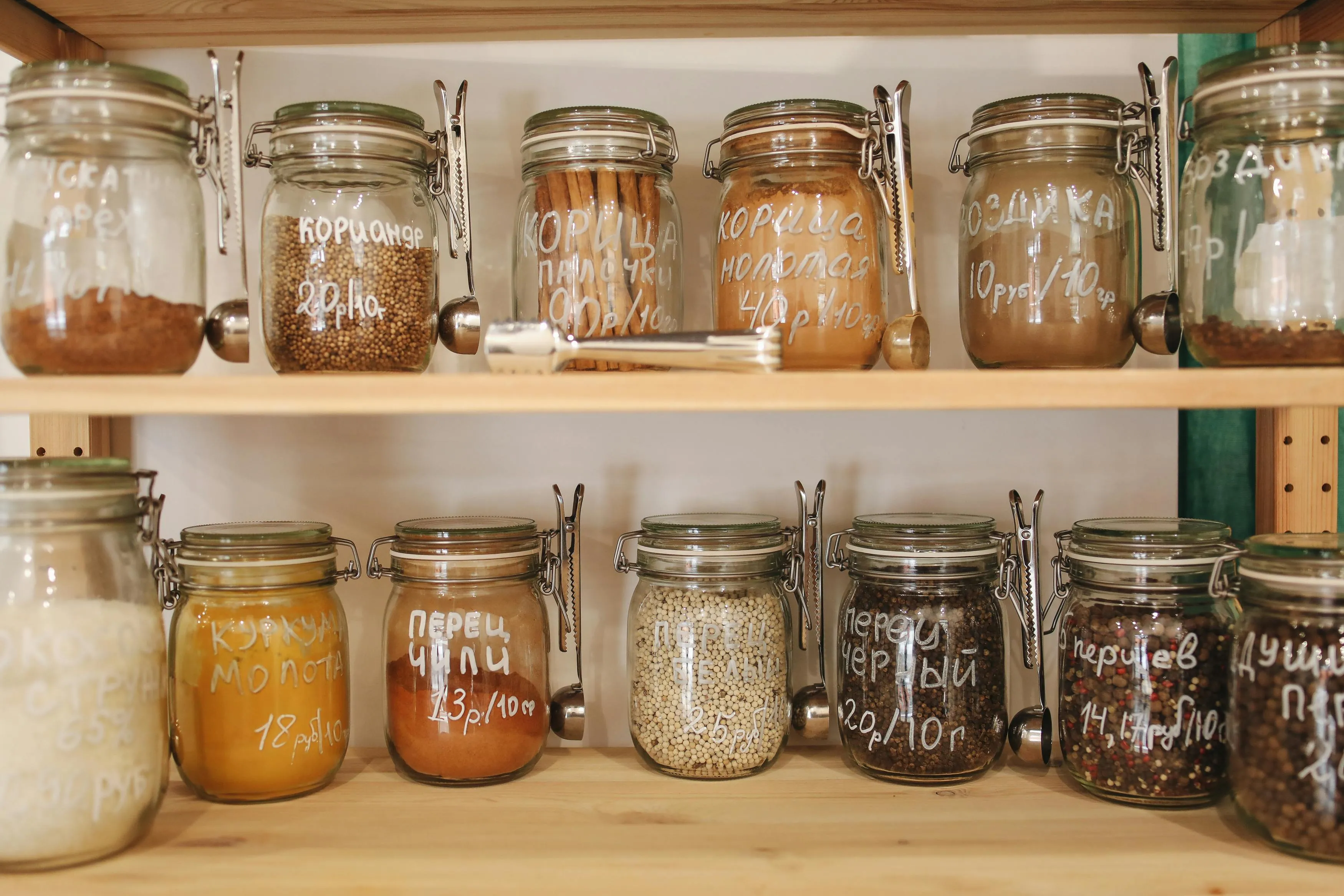 Spice jars on a rack